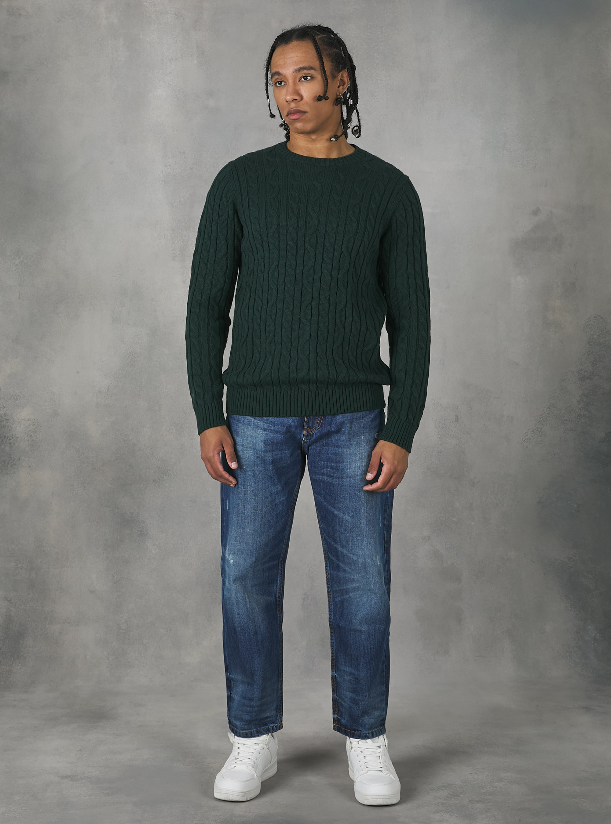 Crew-neck pullover with braids, GN1 GREEN DARK