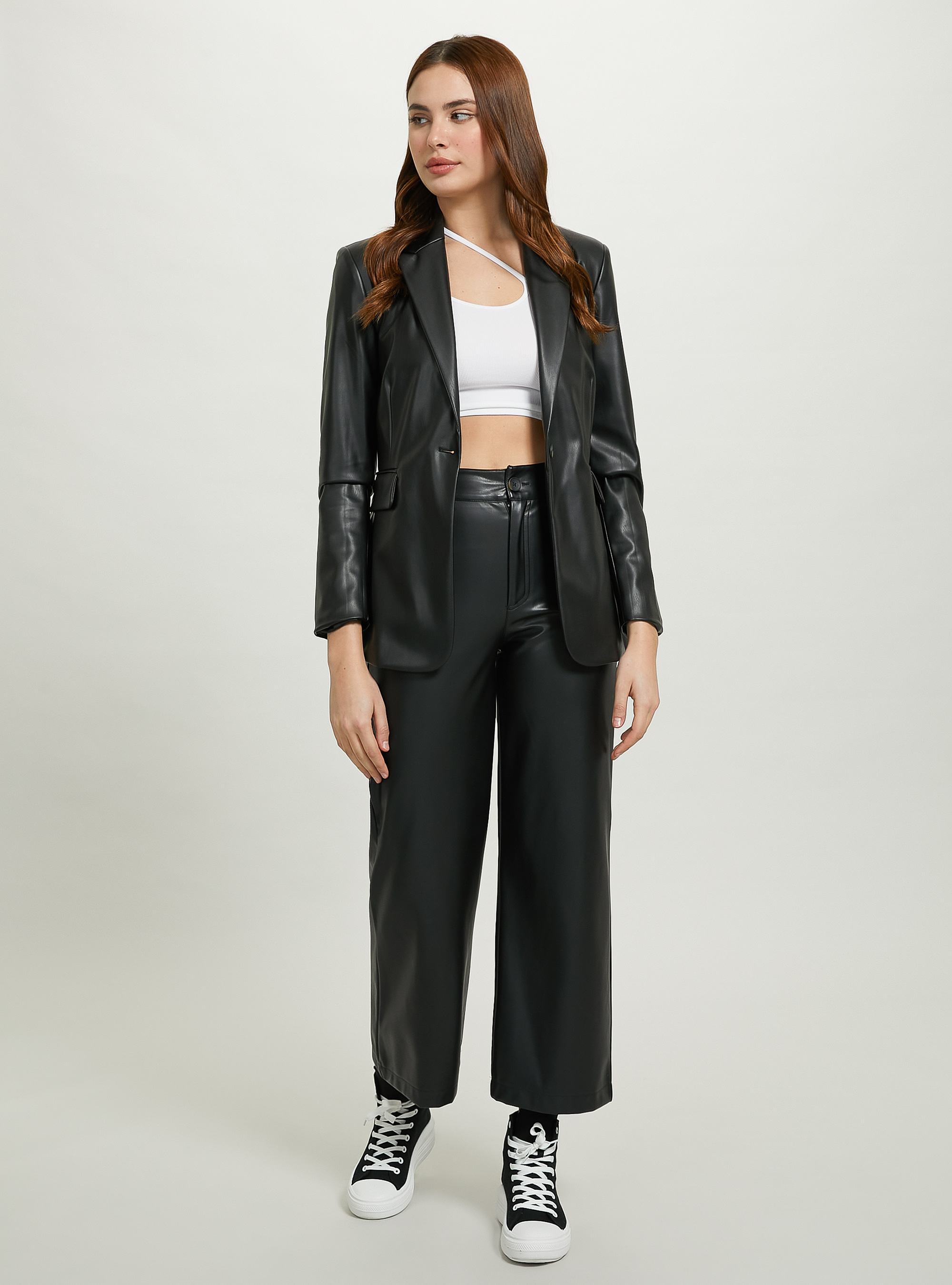 Regular fit leather effect trousers, BK1 BLACK