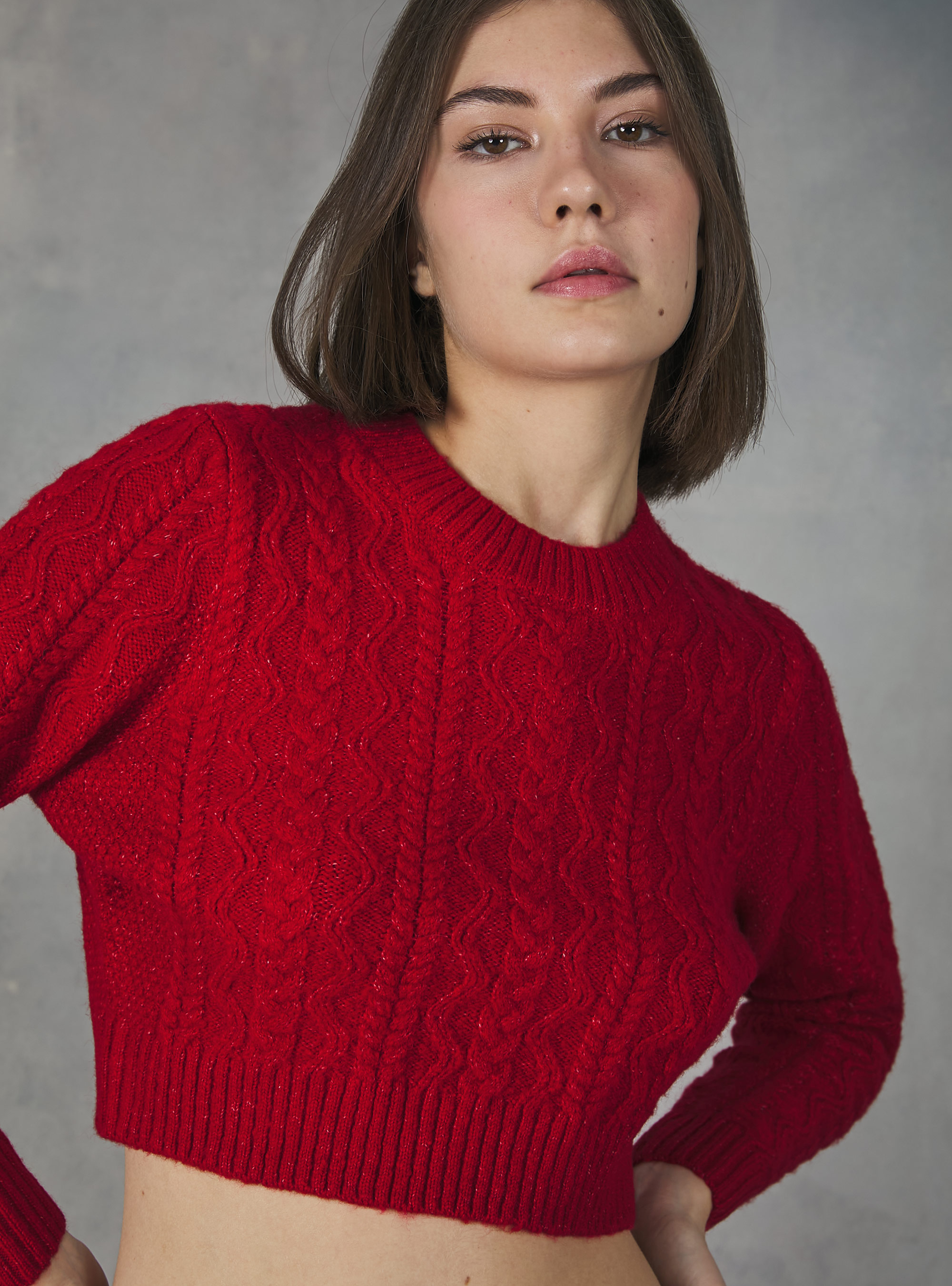 Cropped pullover with braids, RD2 RED MEDIUM