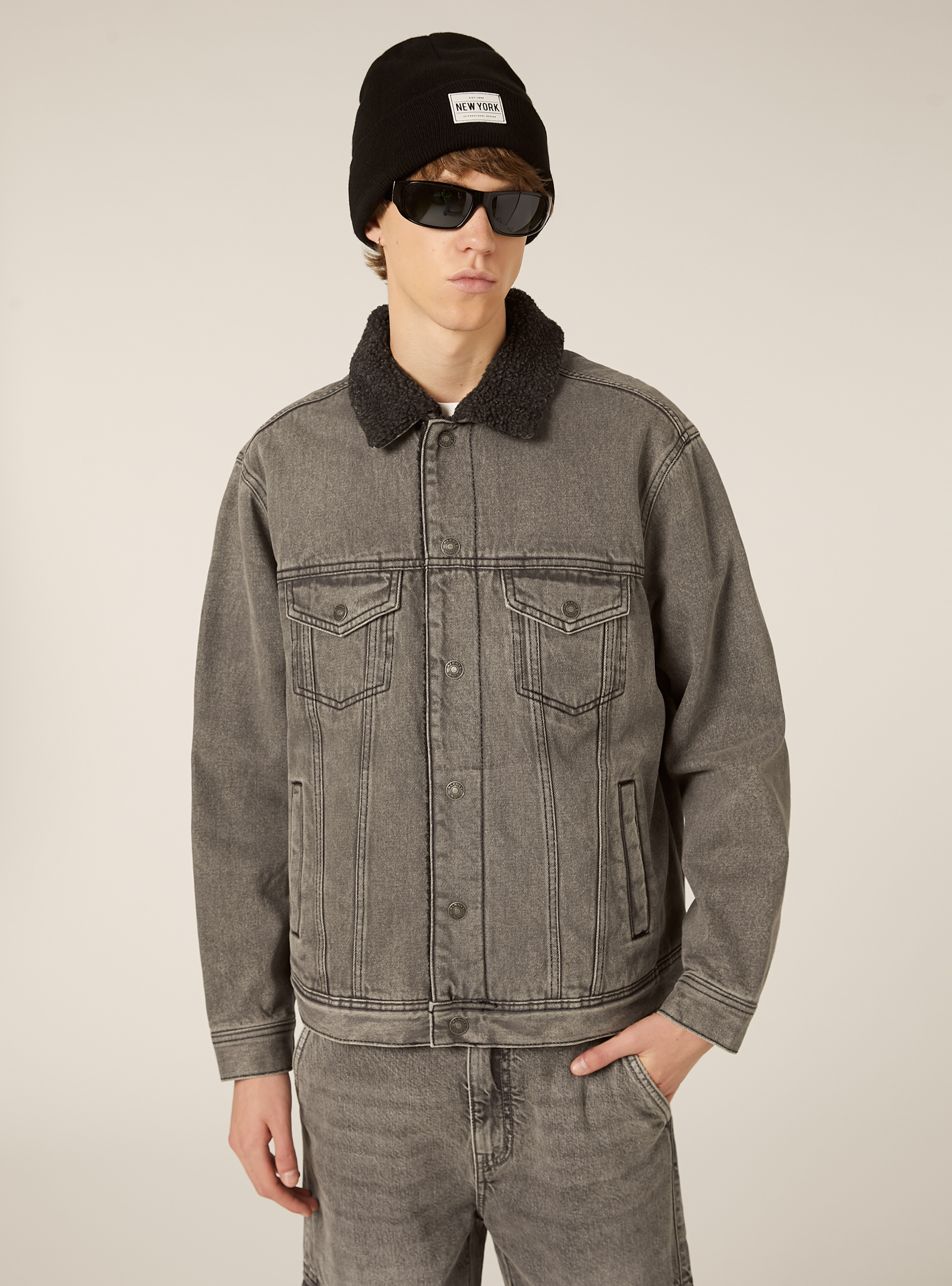 Giubbotto denim con agnellato, D00G GREY