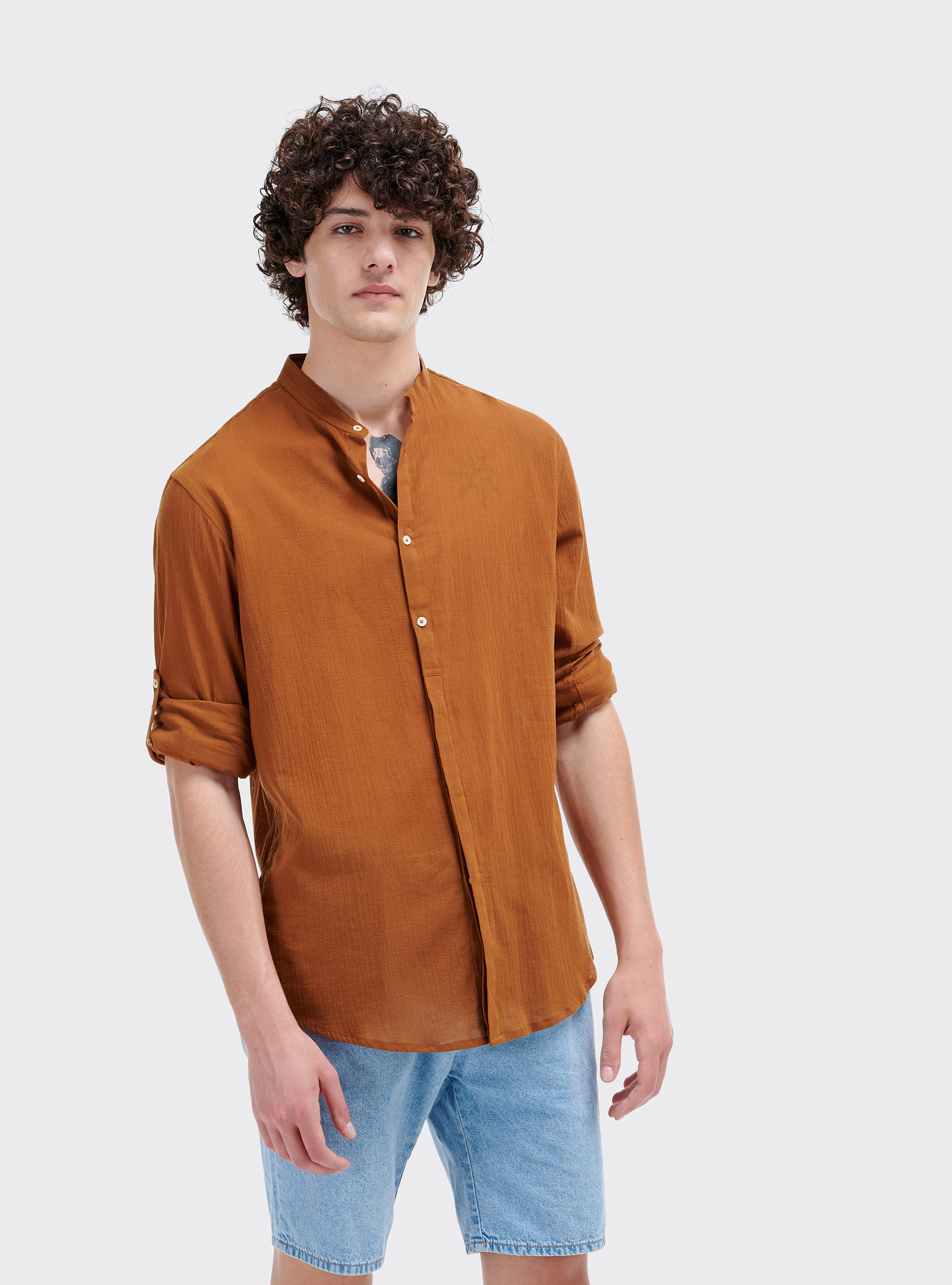 Camicia collo coreano manica lunga, C5573 TOBACCO