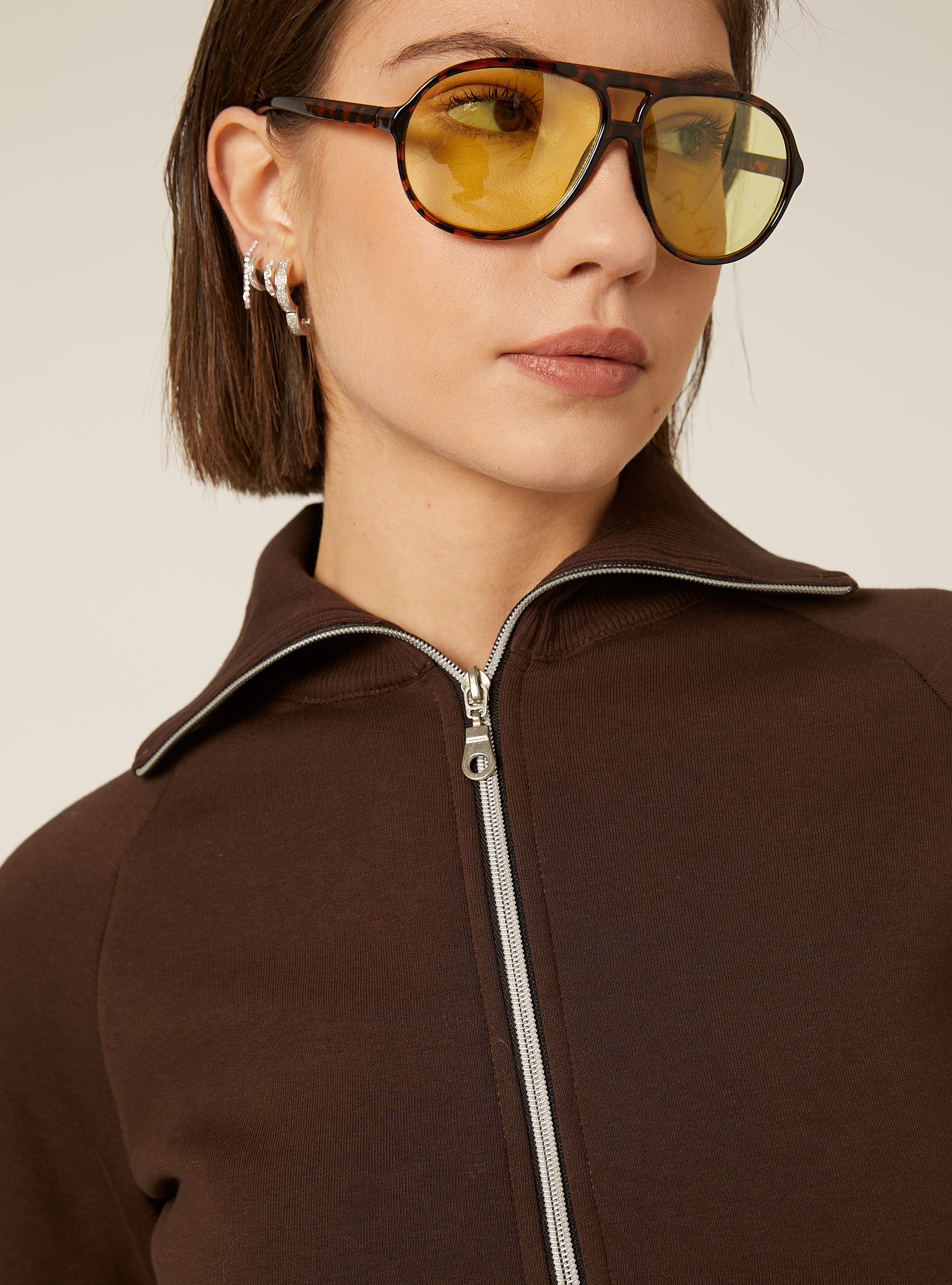 Sudadera con cremallera y cuello con solapa, BR1 BROWN DARK