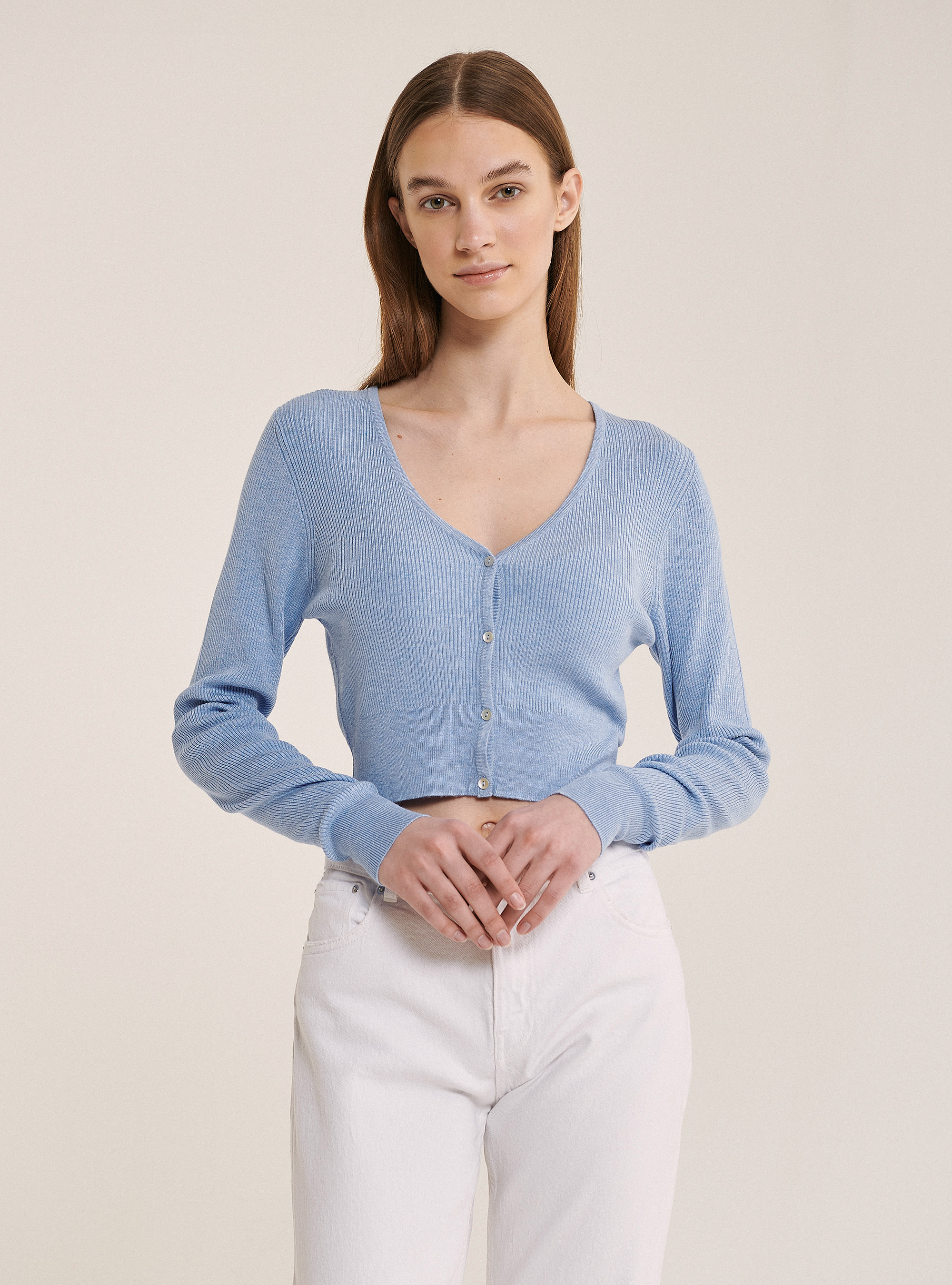 Cropped rib cardigan, AZURE
