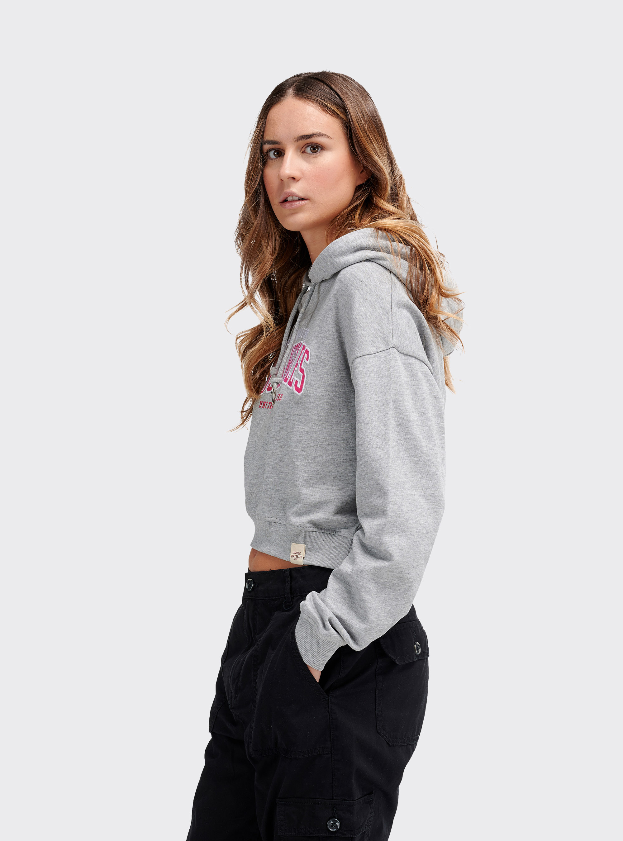 Felpa cropped con cappuccio e stampa, GRIGIO CHIARO MELANGE