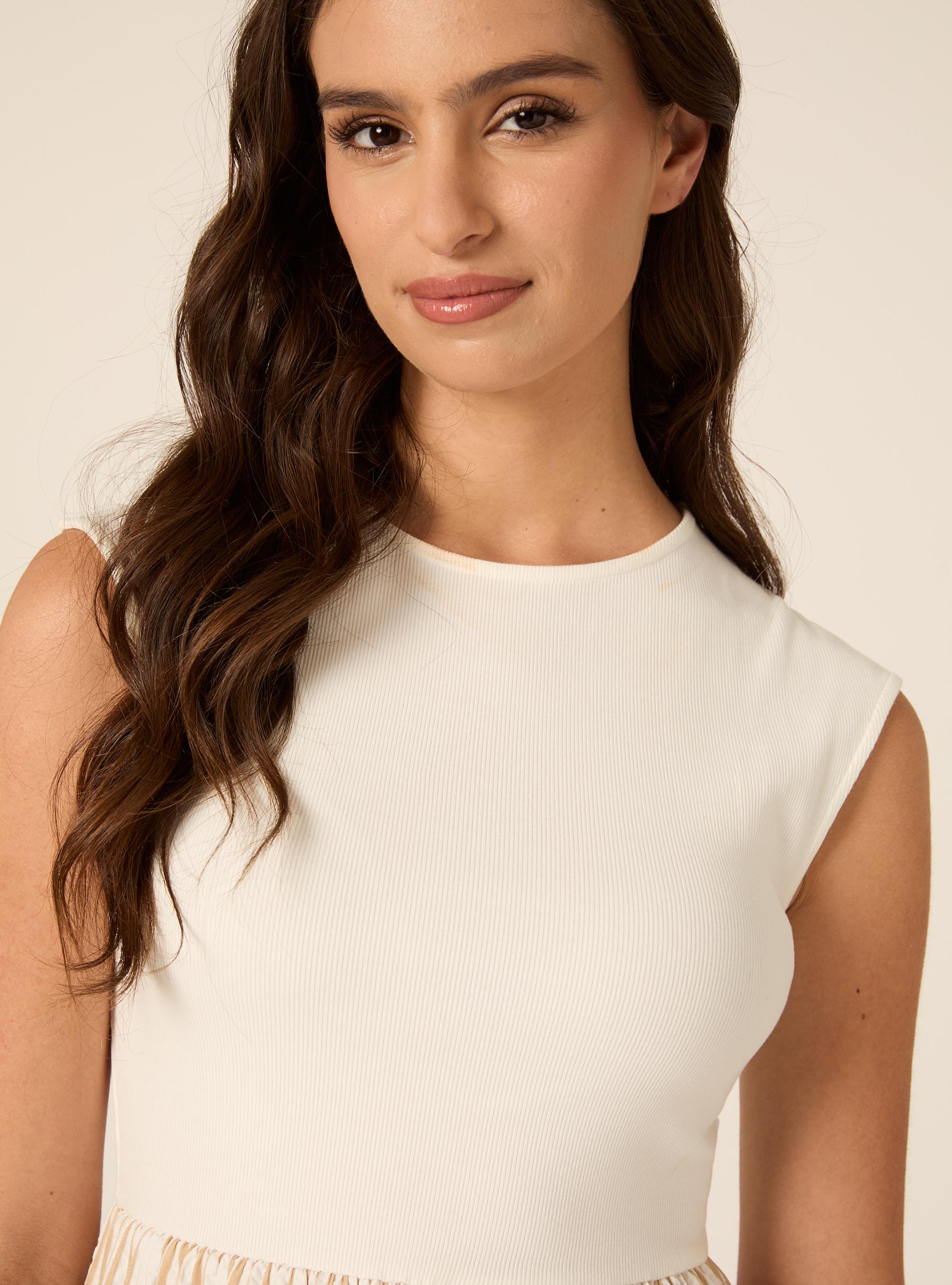 Robe Midi Bi-Mati&egrave;re Sans Manches &agrave; Rayures, WH1 OFF WHITE