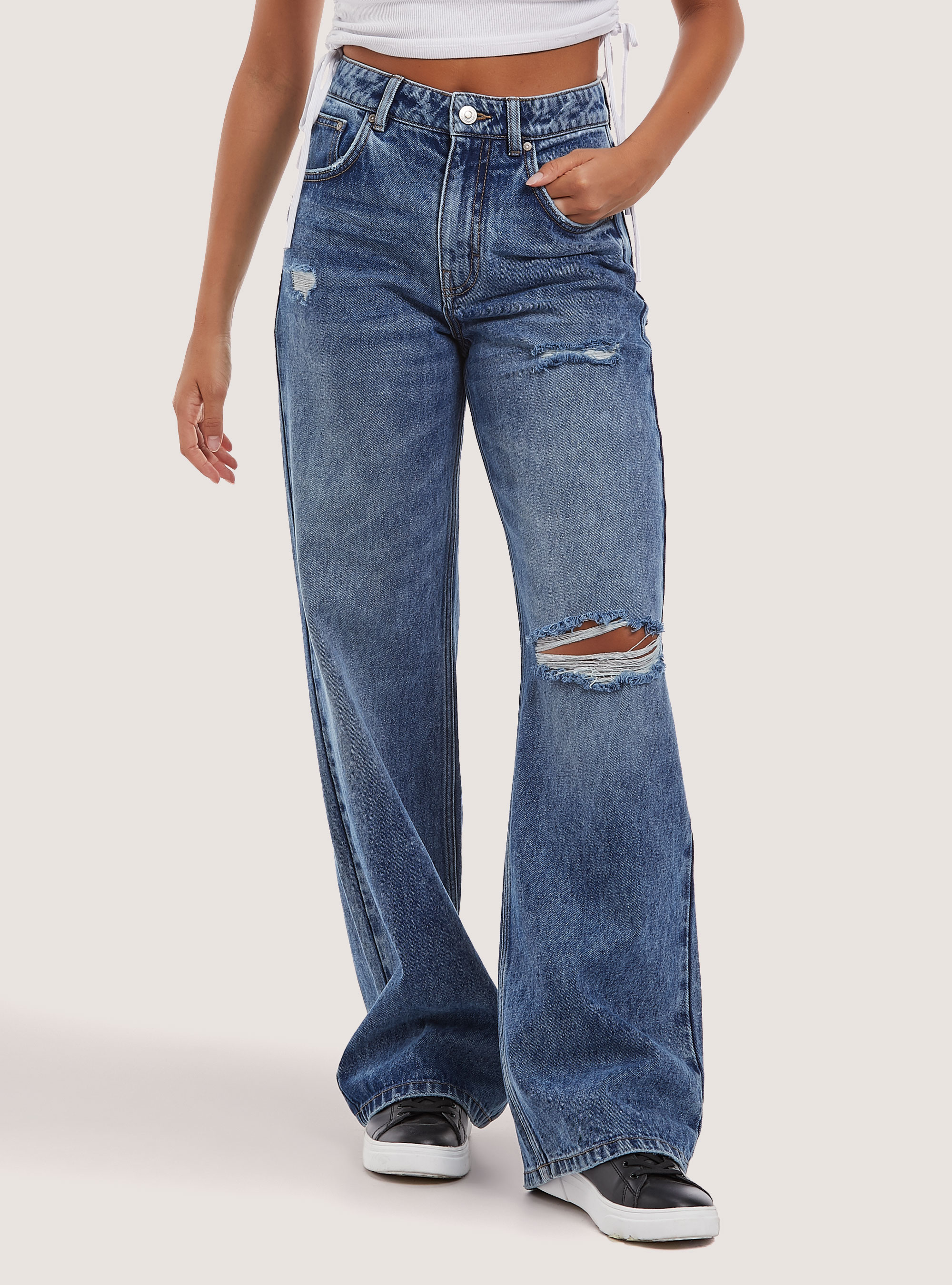 Jeans en coton &agrave; jambe large, D003 MEDIUM BLUE