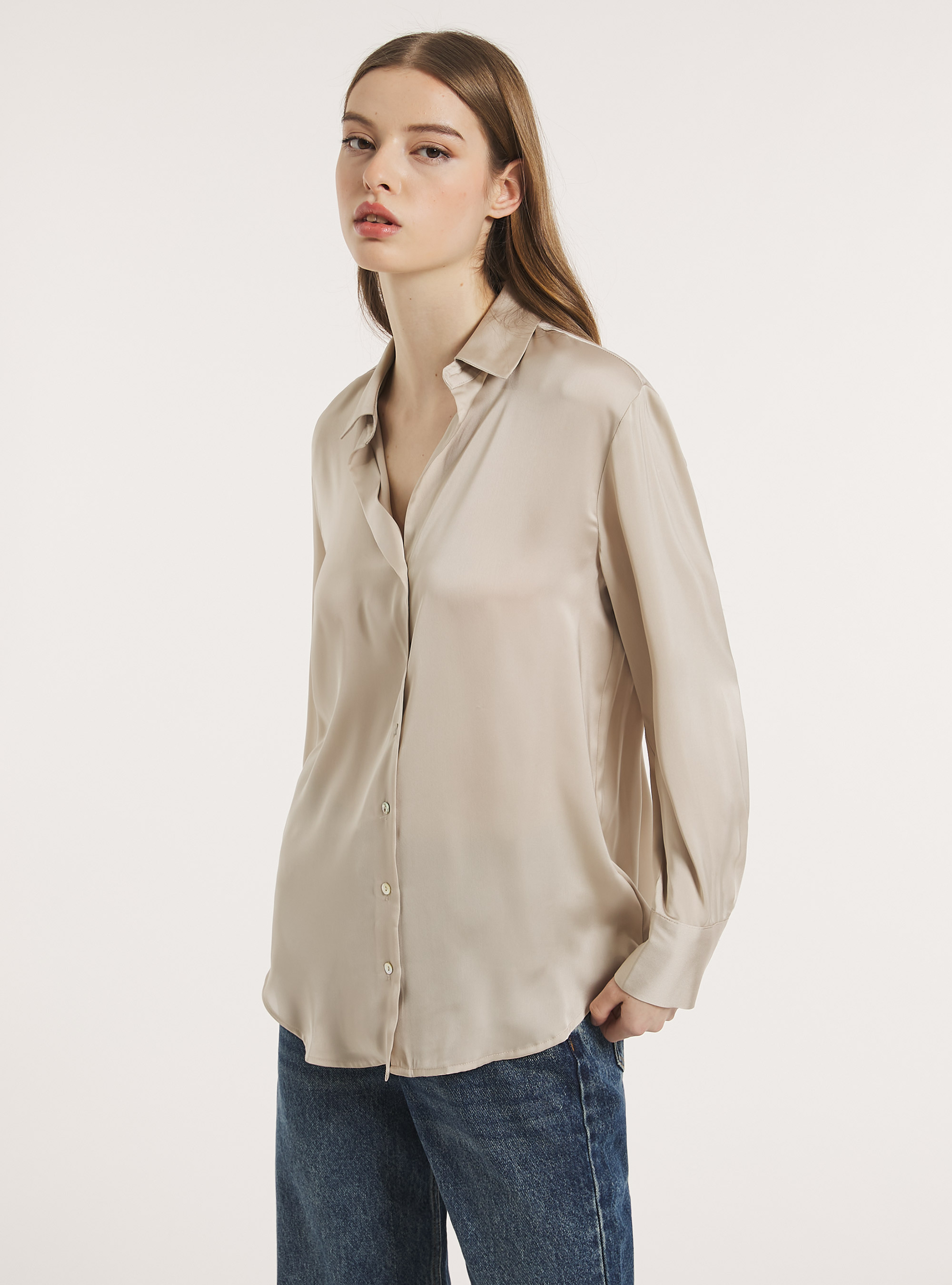 Camicia in satin in tinta unita, BG2 BEIGE MEDIUM