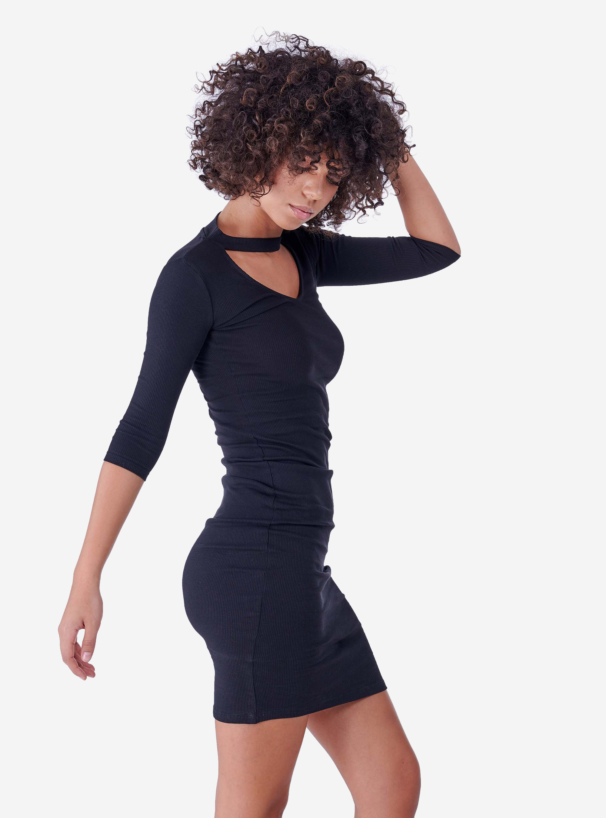 Vestito midi con scollatura aperta, NERO