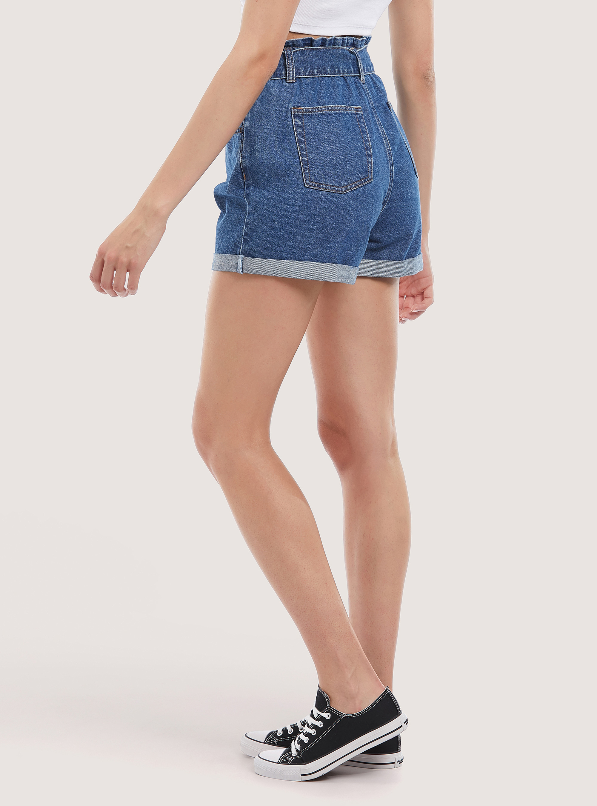 Denim shorts with strap, D003 MEDIUM BLUE