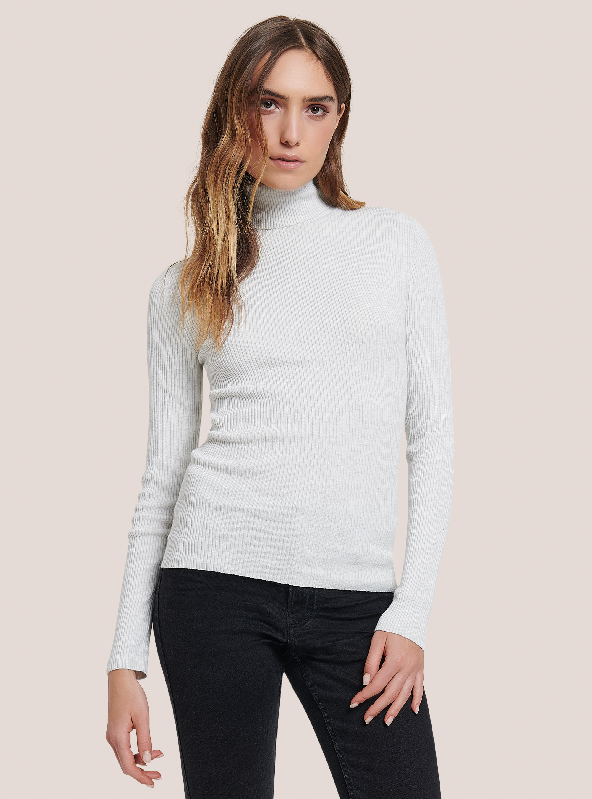 Ribbed turtleneck pullover, MGY3 GREY MEL LIGHT