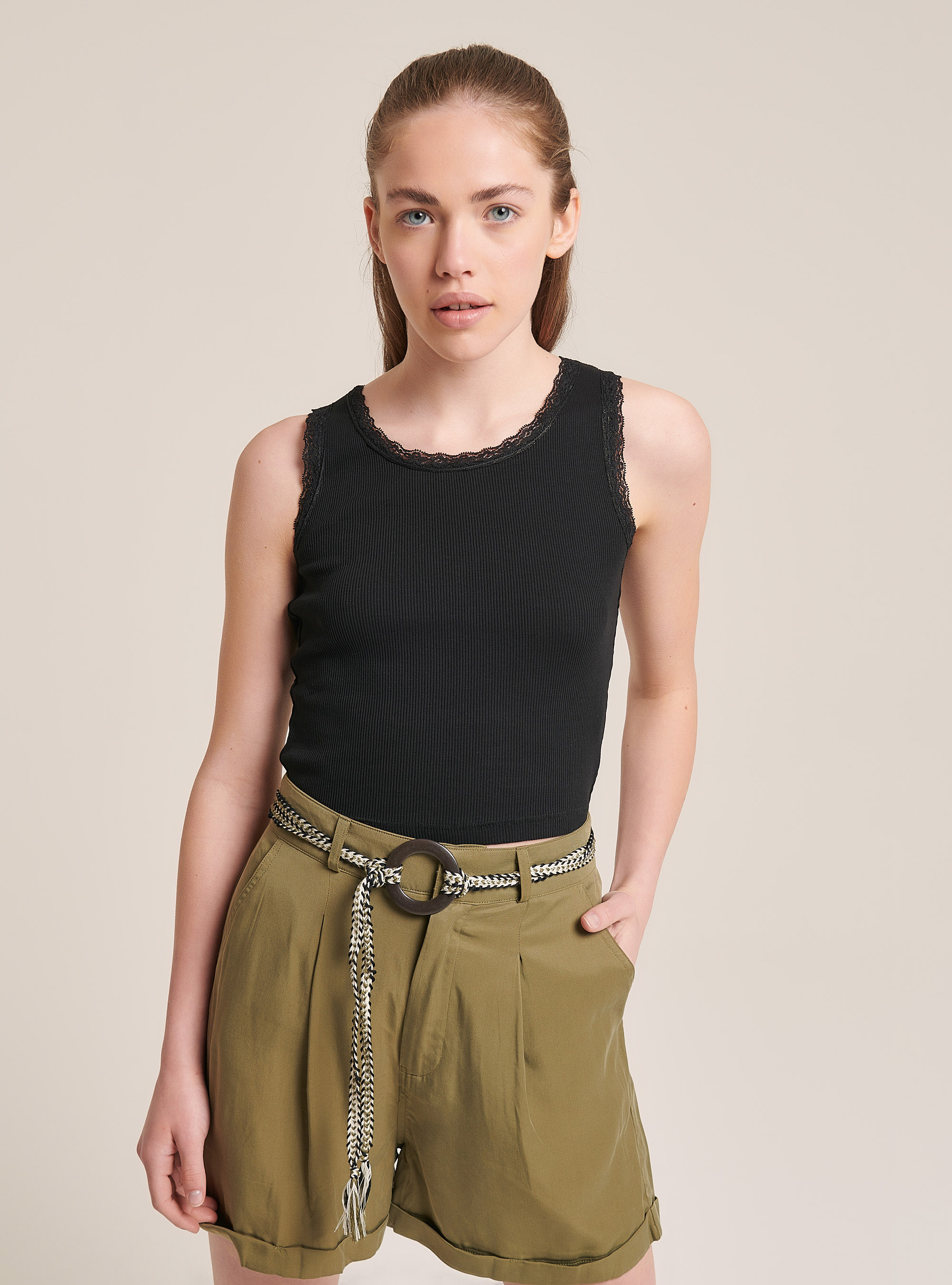 Basic cotton tank top with lace trim, BLACK