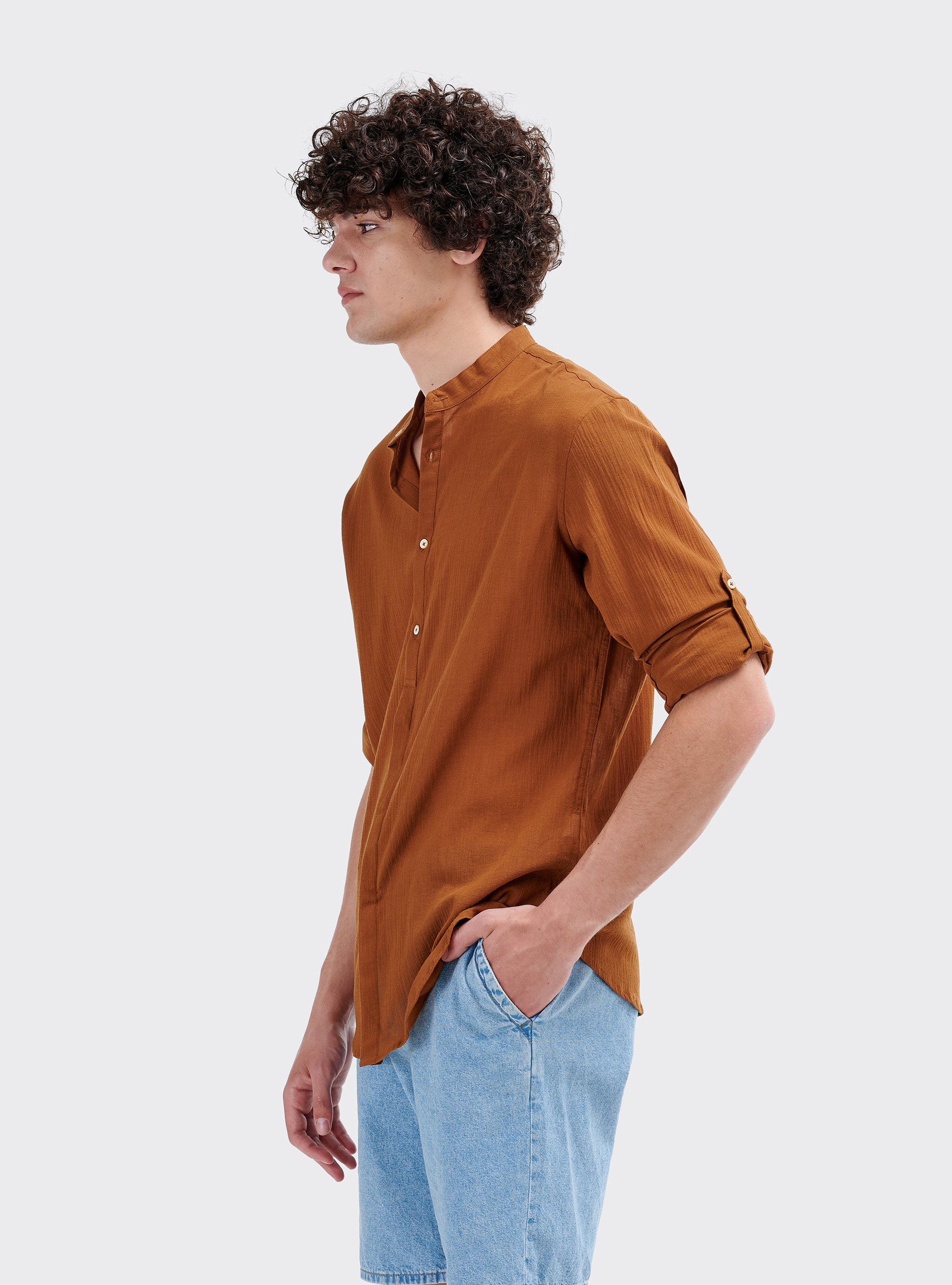 Camicia collo coreano manica lunga, C5573 TOBACCO