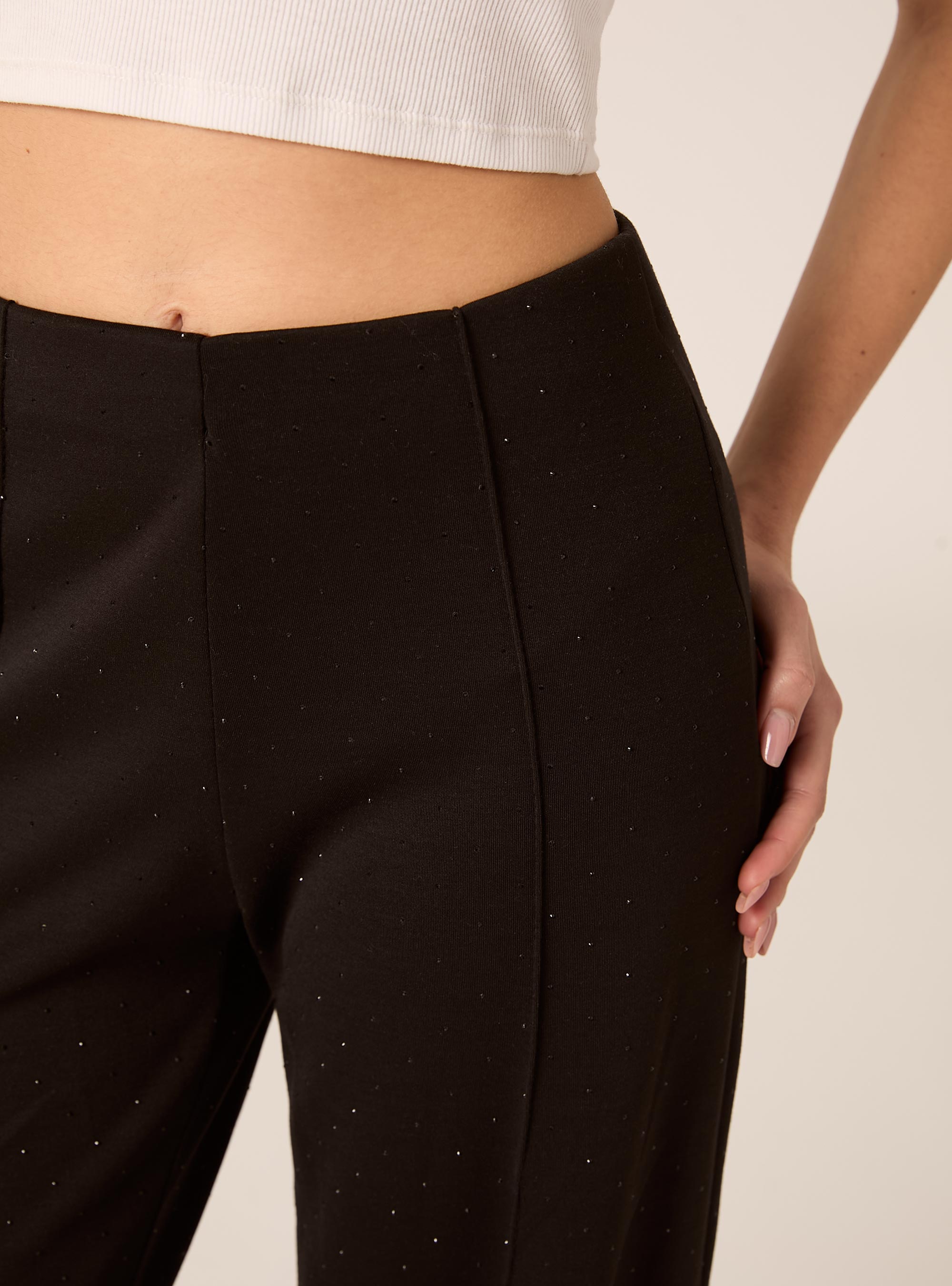 Pantaloni con nervatura in scuba con strass, BK1 BLACK