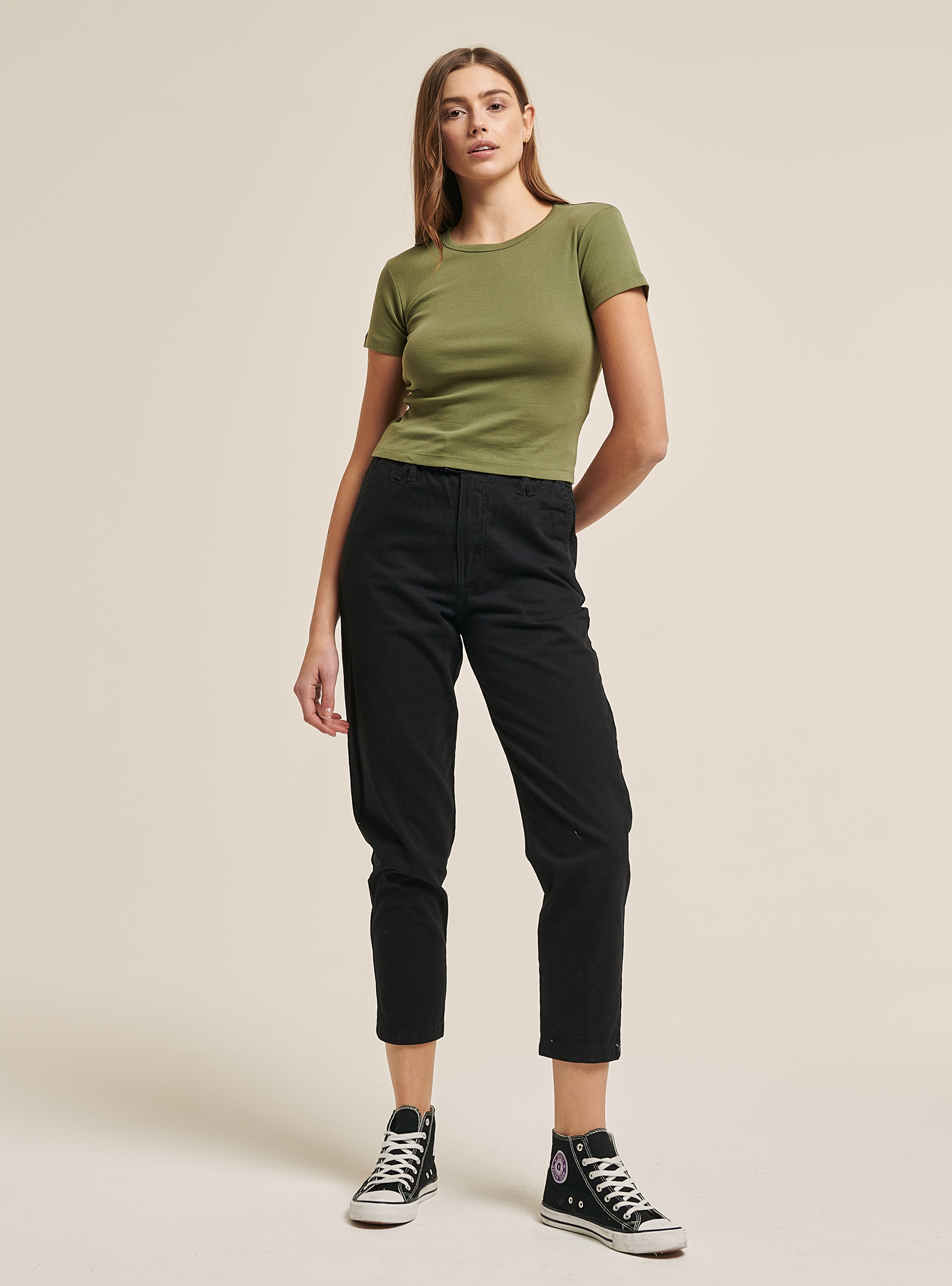 Geripptes Crop-T-Shirt, C0606 KAKY
