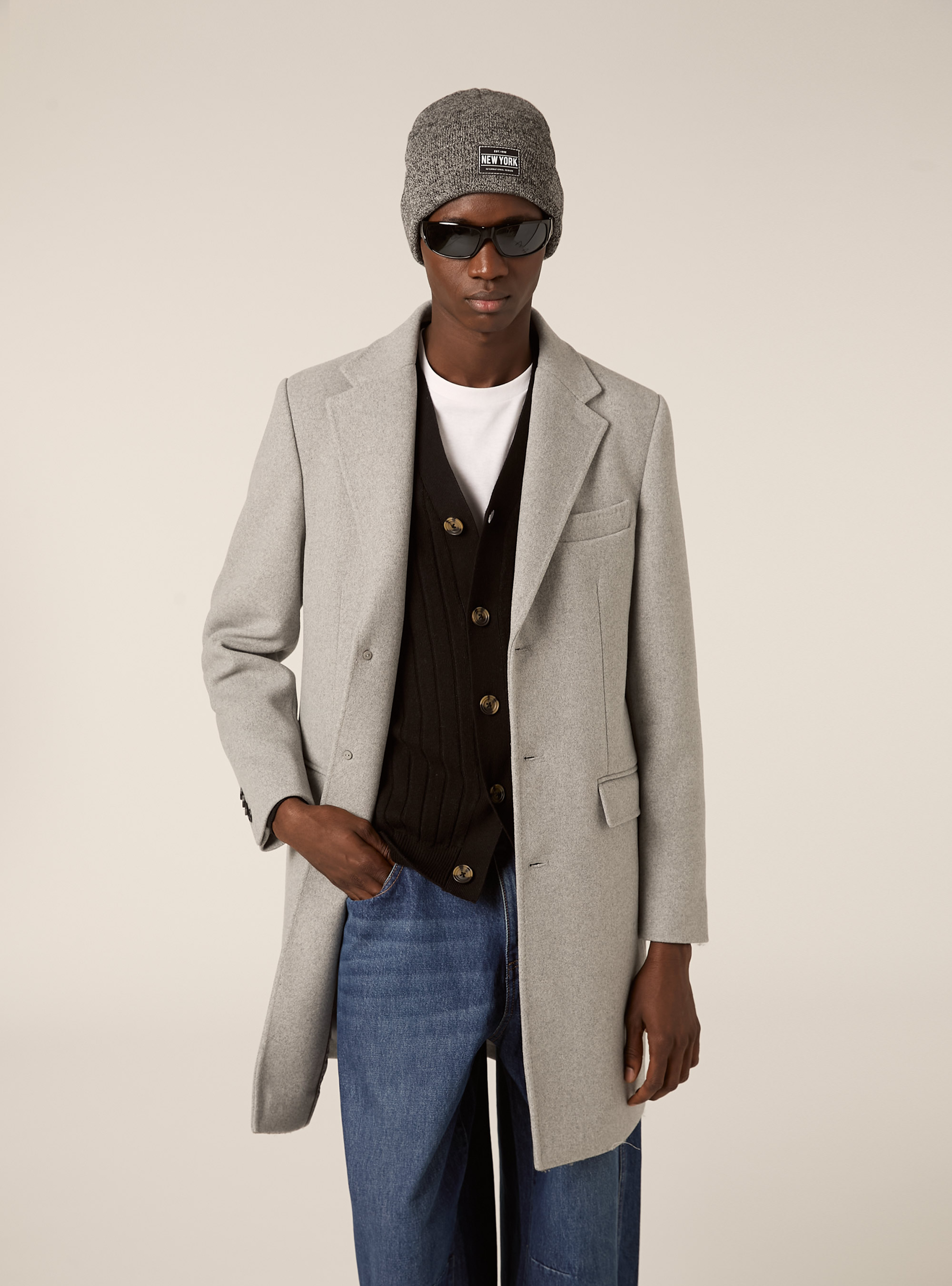Single-breasted wool blend coat, MGY3 GREY MEL LIGHT