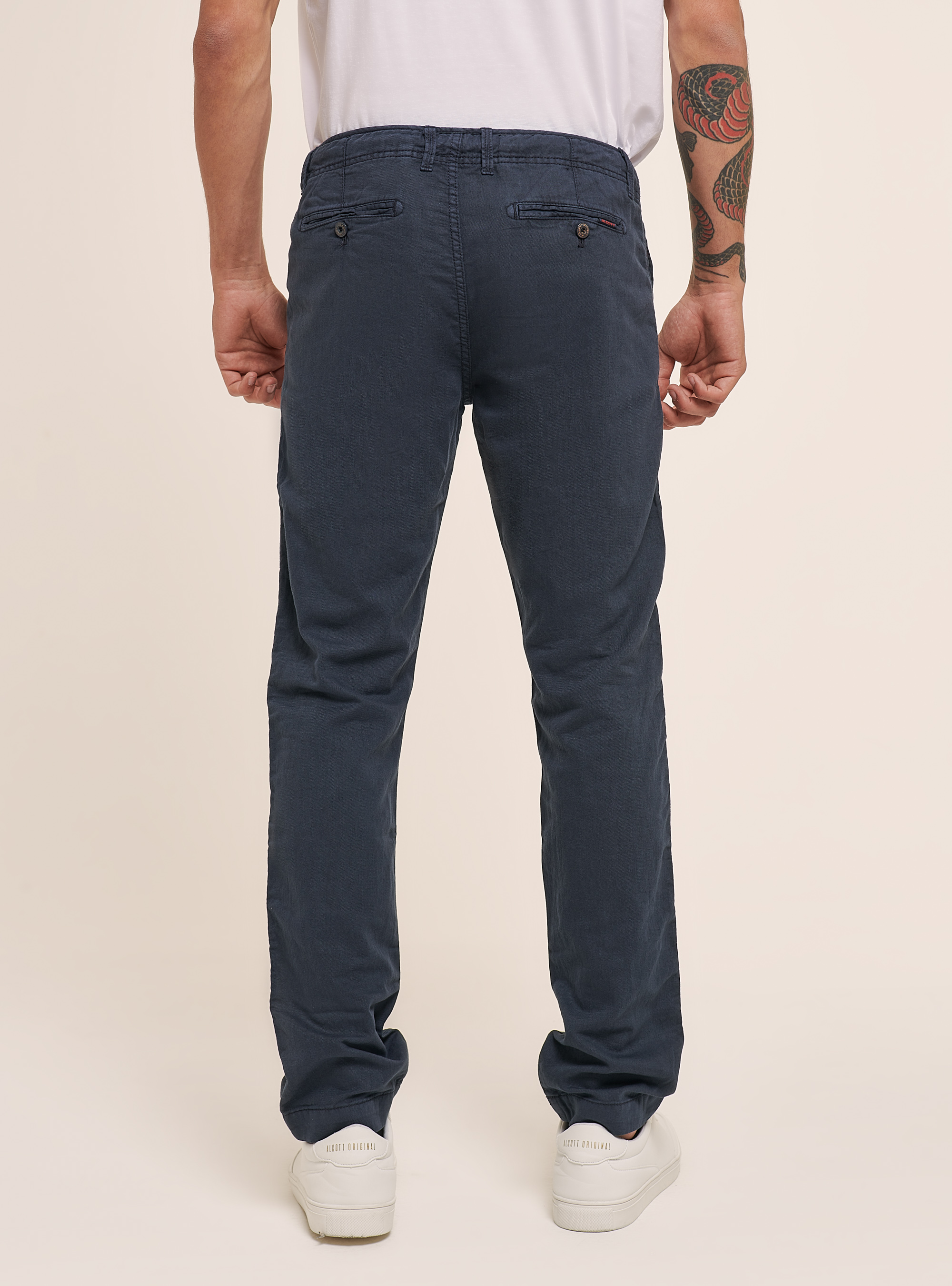 Chino en lin mélangé avec cordon de serrage à la taille, C2229 BLUE