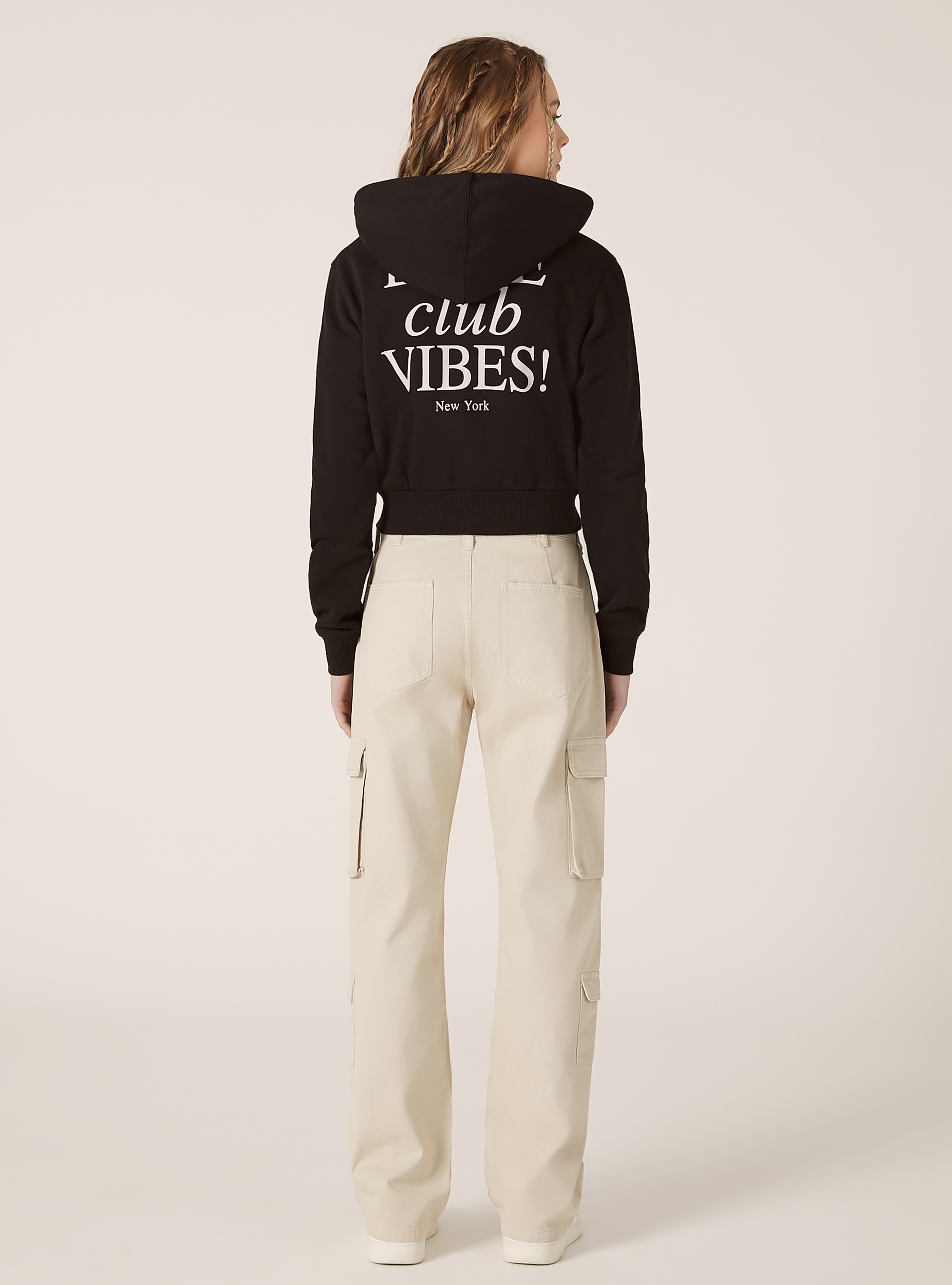 Cropped sweatshirt with zip and print, BK1 BLACK