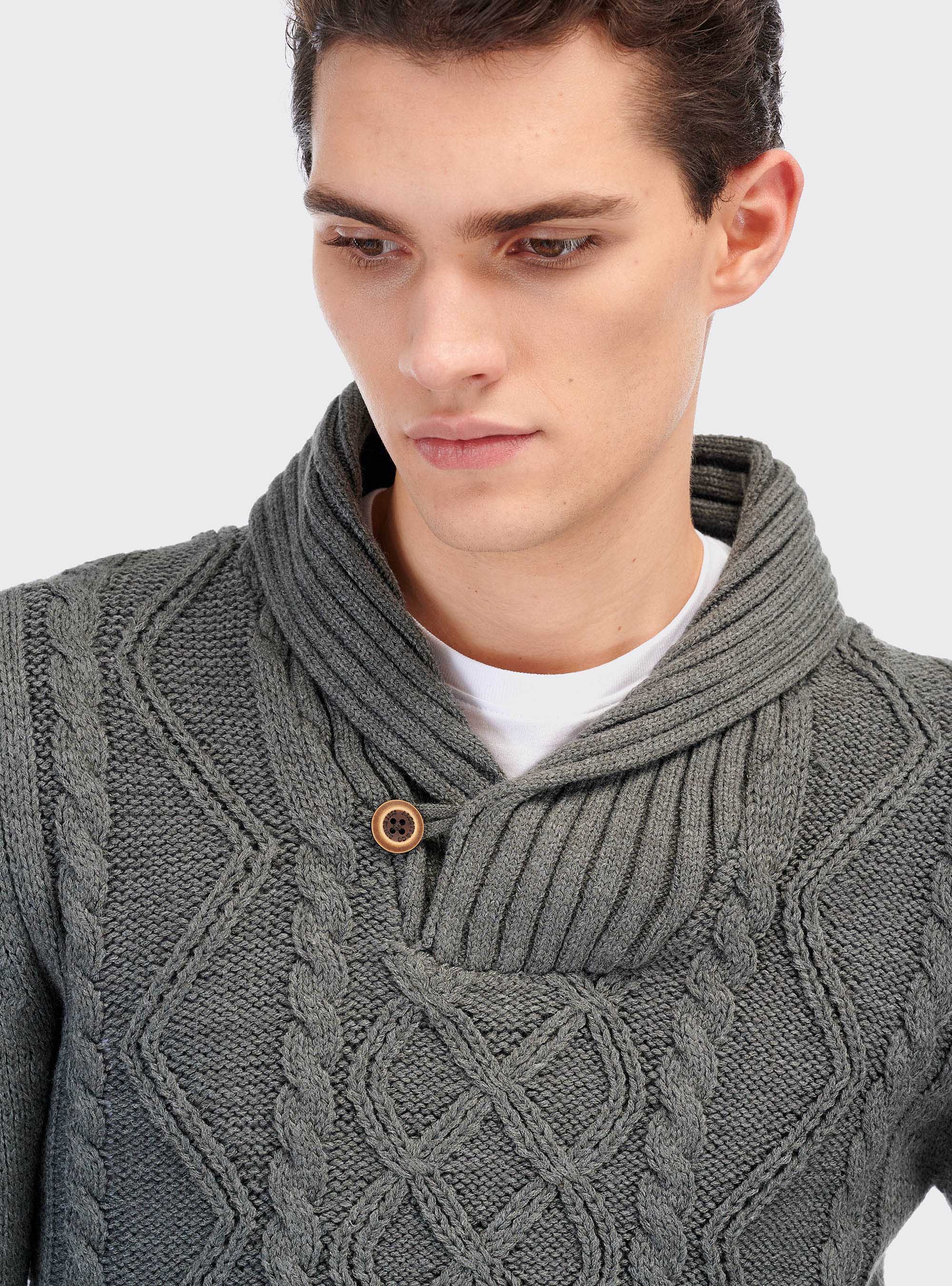 Pullover collo sciallato, GRIGIO SCURO MELANGE