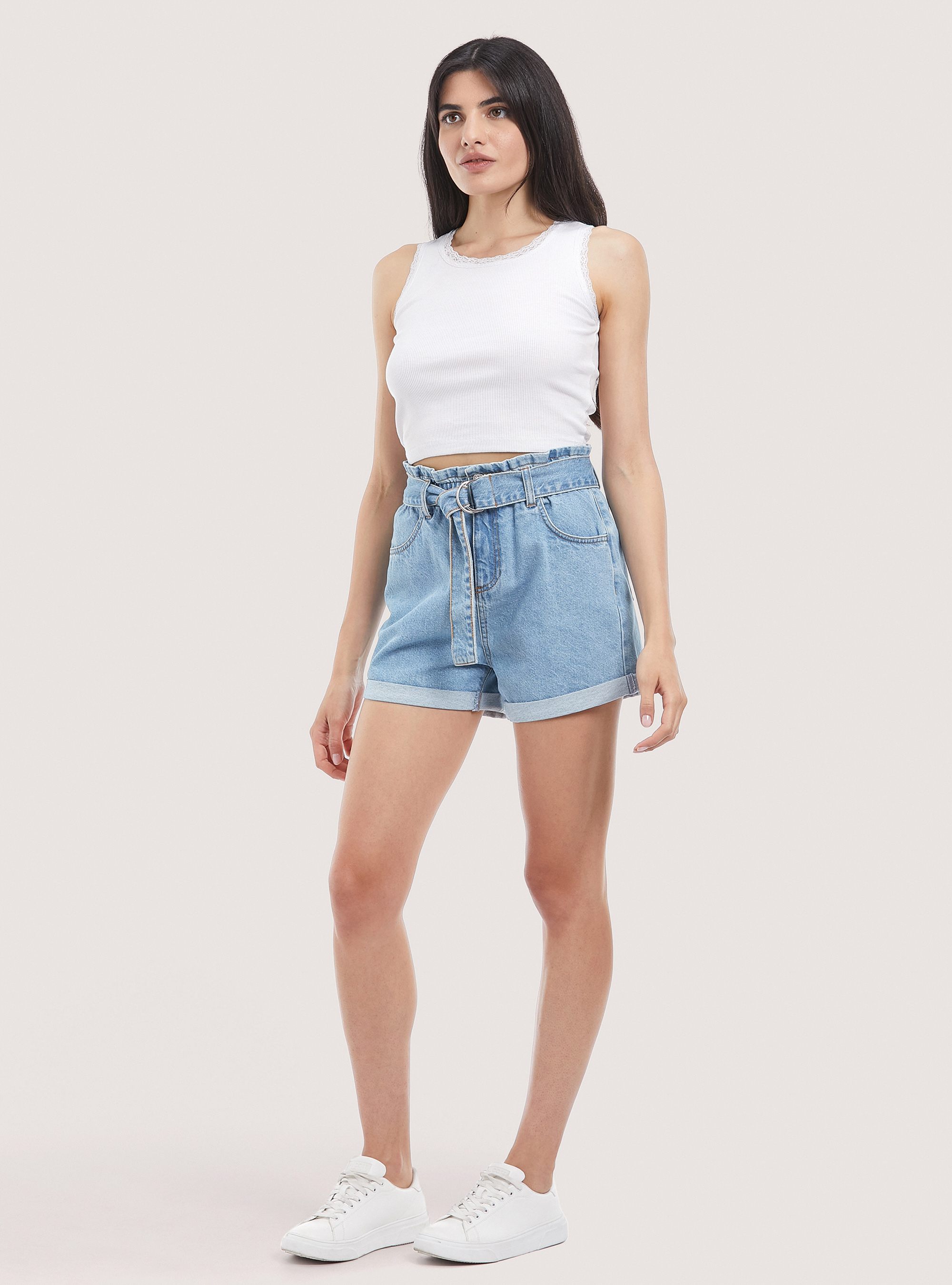 Denim shorts with strap, D006 AZURE