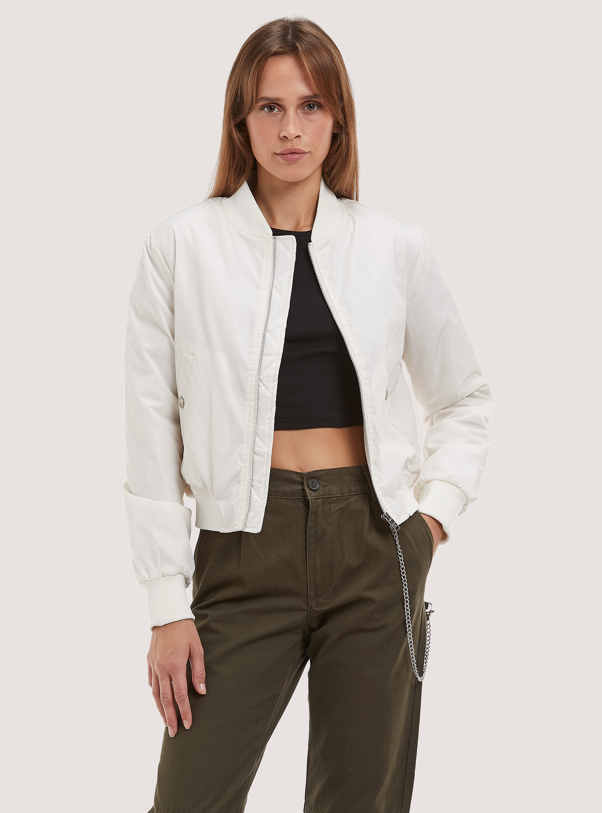 Cropped bomber jacket with recycled padding, WH1 OFF WHITE