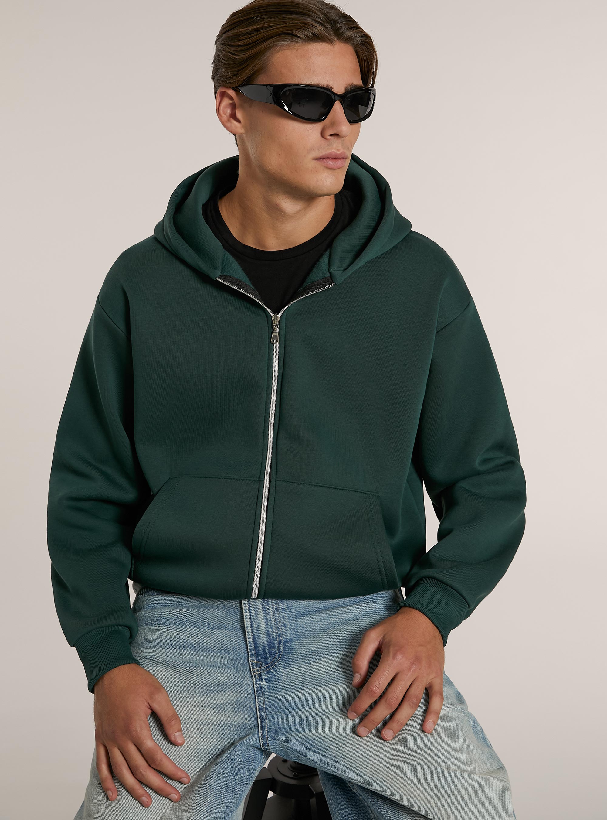 Sweatshirt with zip and boxy fit hood, GN1 GREEN DARK