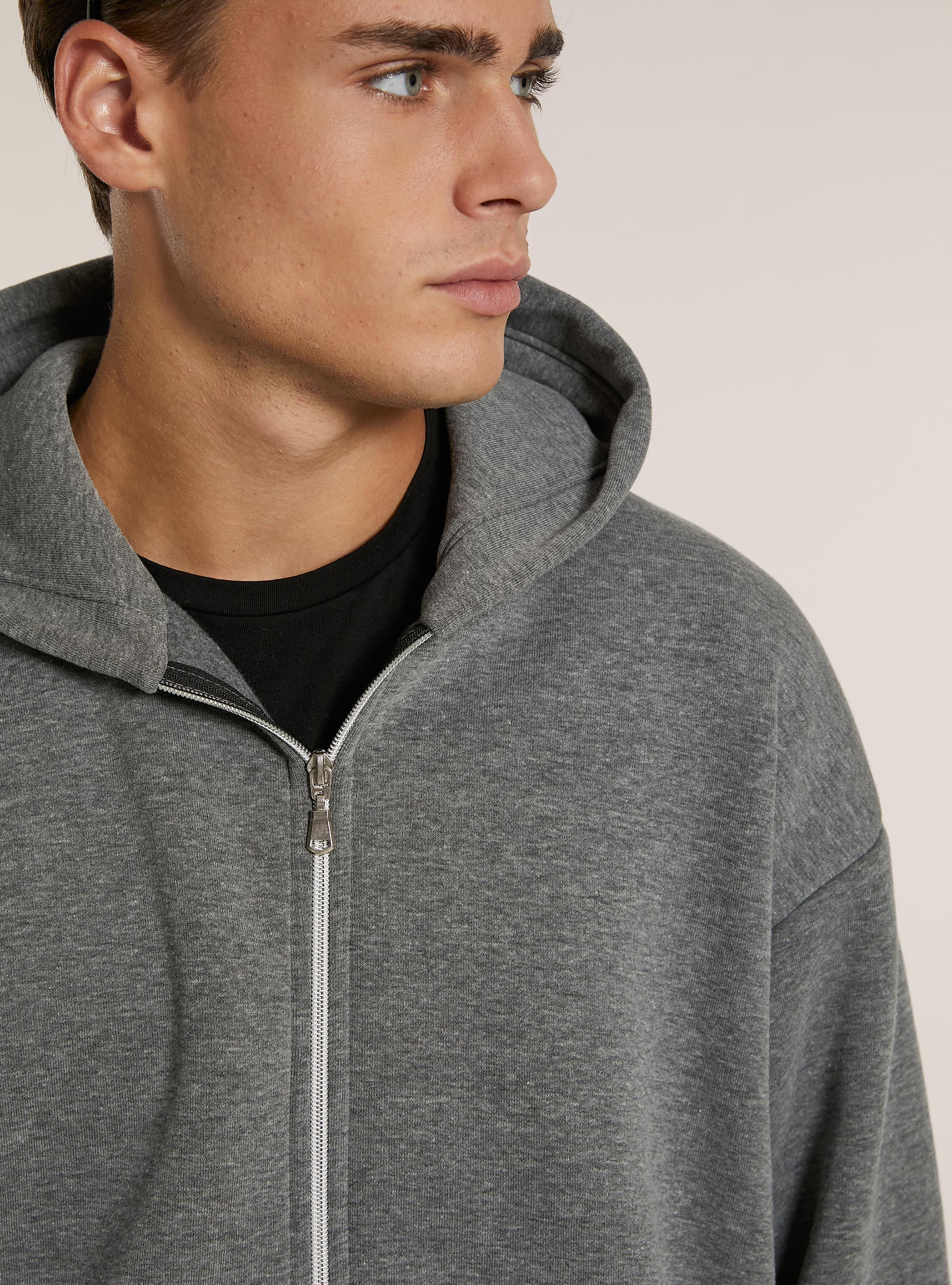 Sweatshirt mit Reißverschluss und kastenförmiger Kapuze, MGY1 GREY MEL DARK