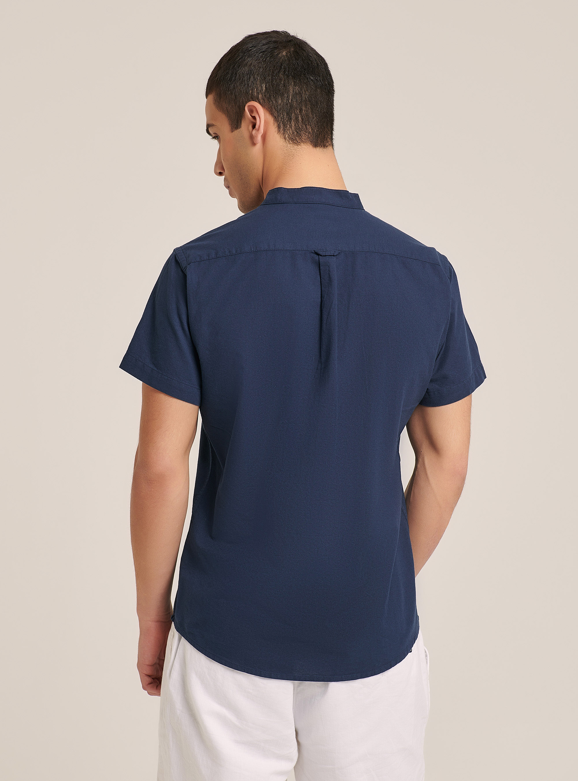 Camisa de manga corta con cuello coreano, AZUL