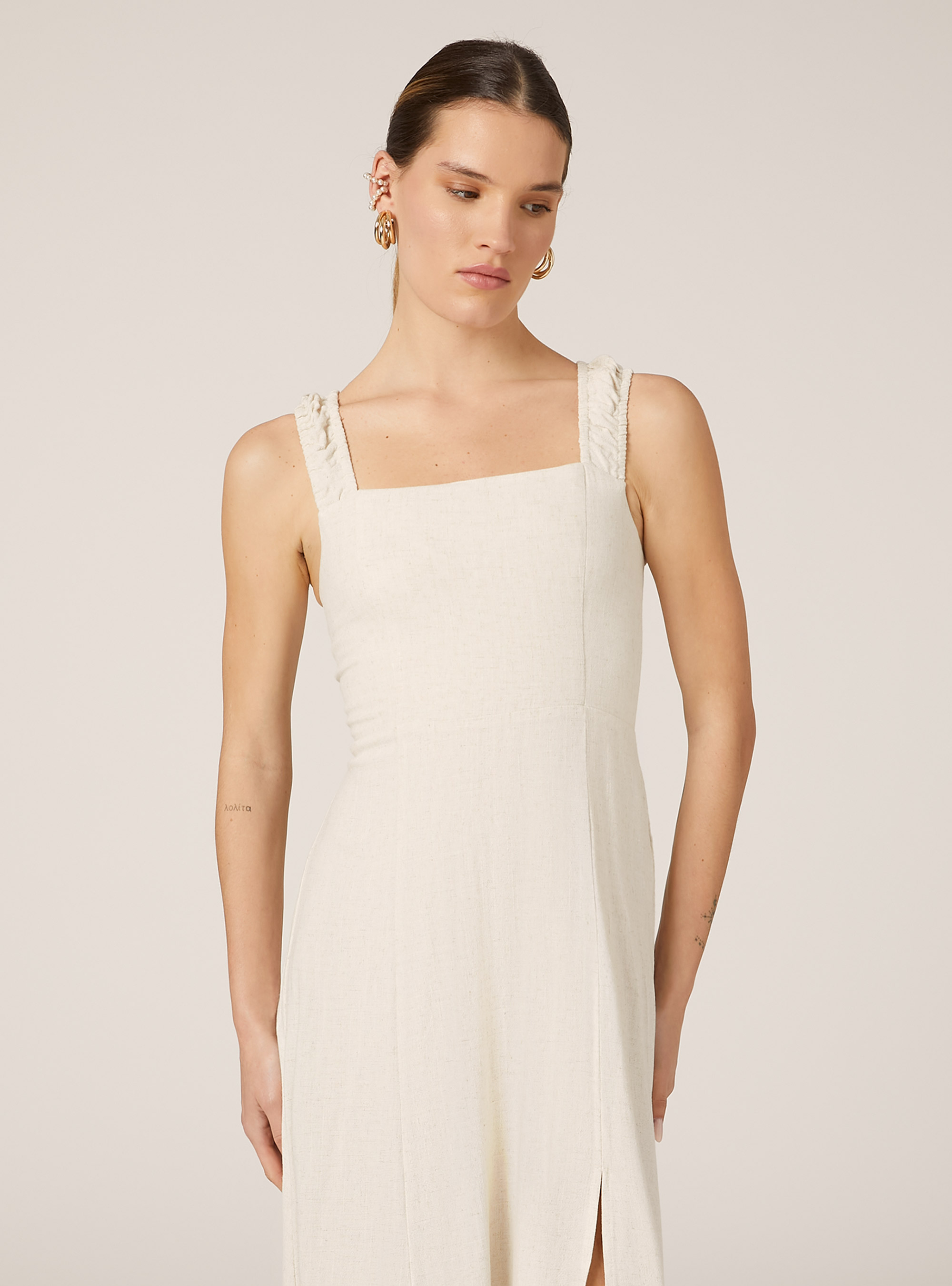 Linen-blend dress with open back, MBG3 BEIGE MEL LIGHT