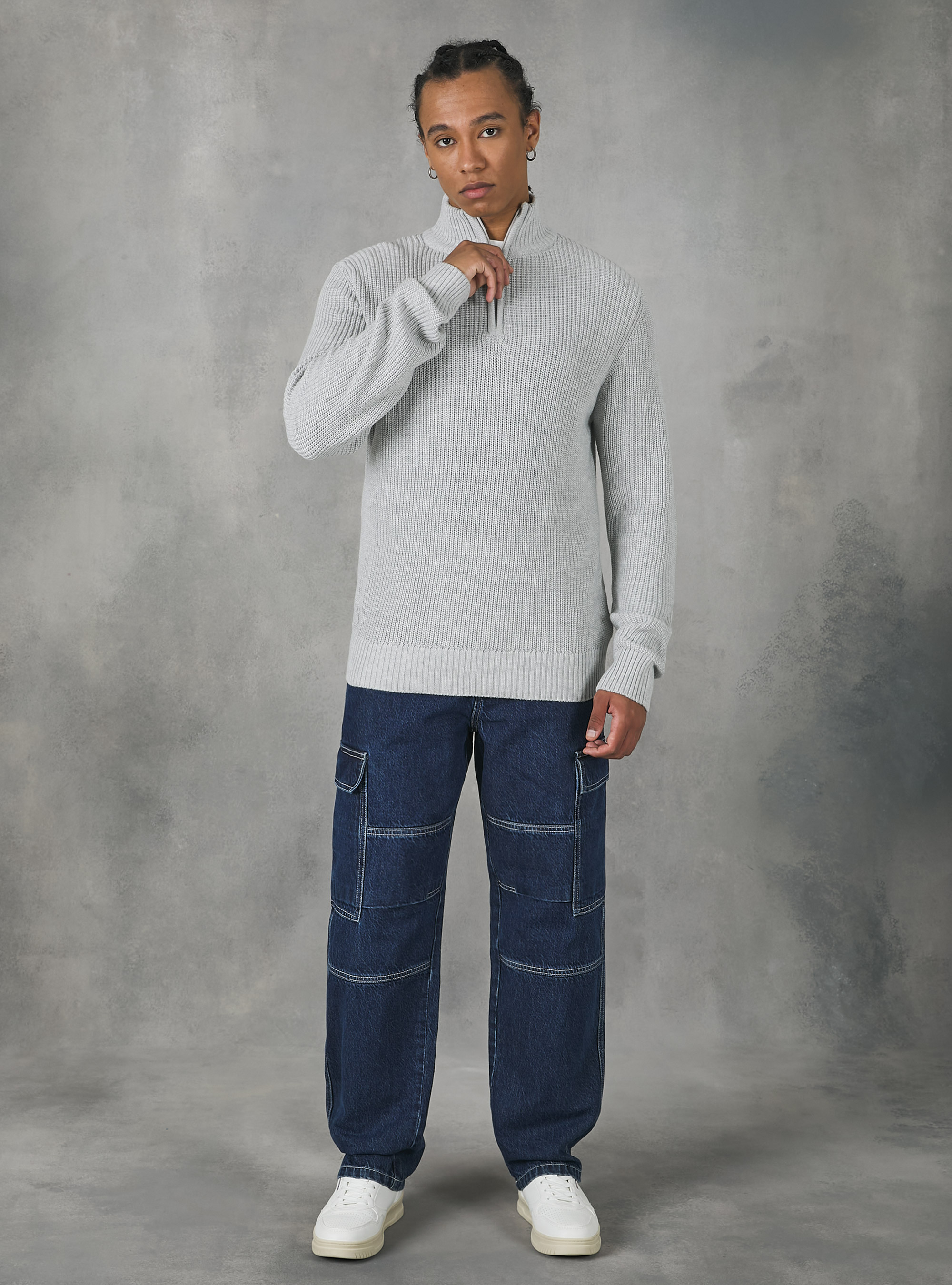 Pullover collo alto con mezza zip, MGY3 GREY MEL LIGHT