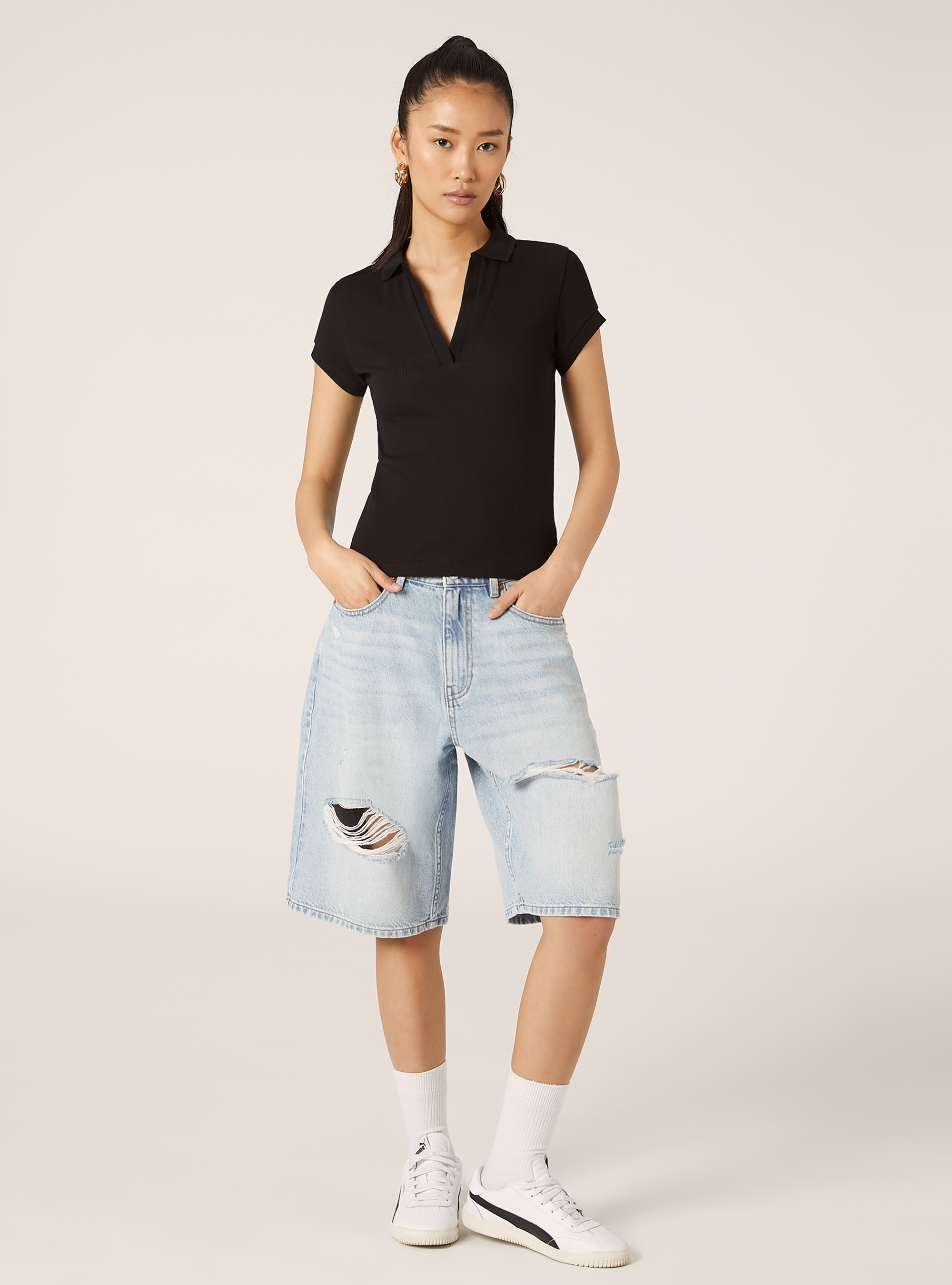 Geripptes Baumwoll-Poloshirt, BK1 BLACK