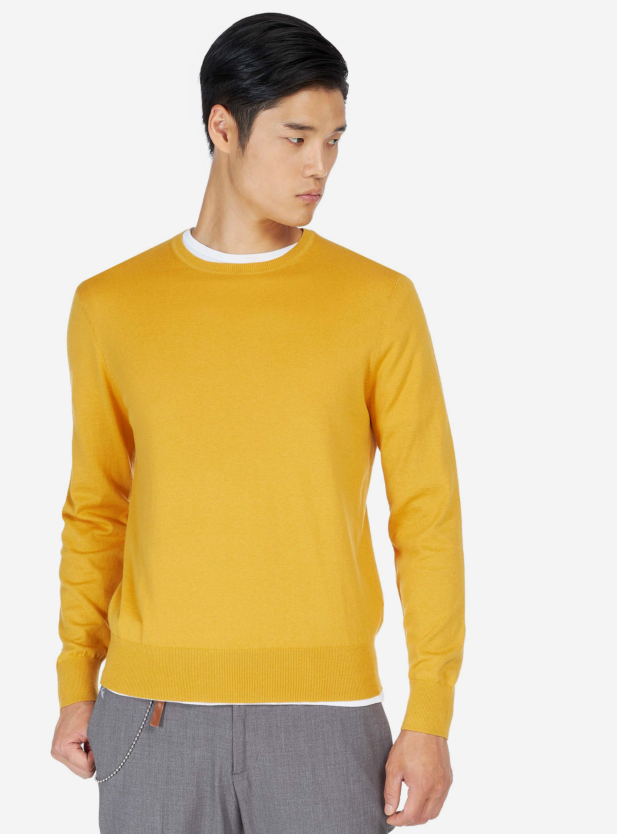 Pull col rond en coton soie et cachemire, C7751 SENAPE