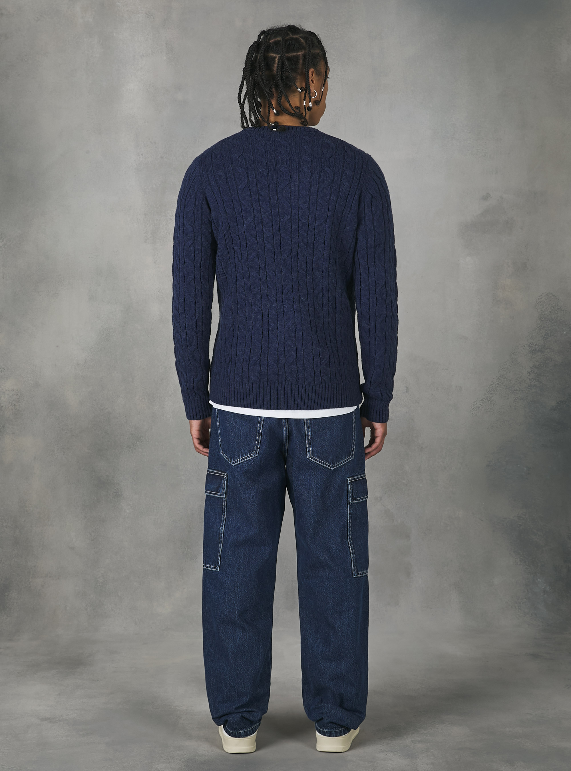Crew-neck pullover with braids, MNA2 NAVY MEL MED