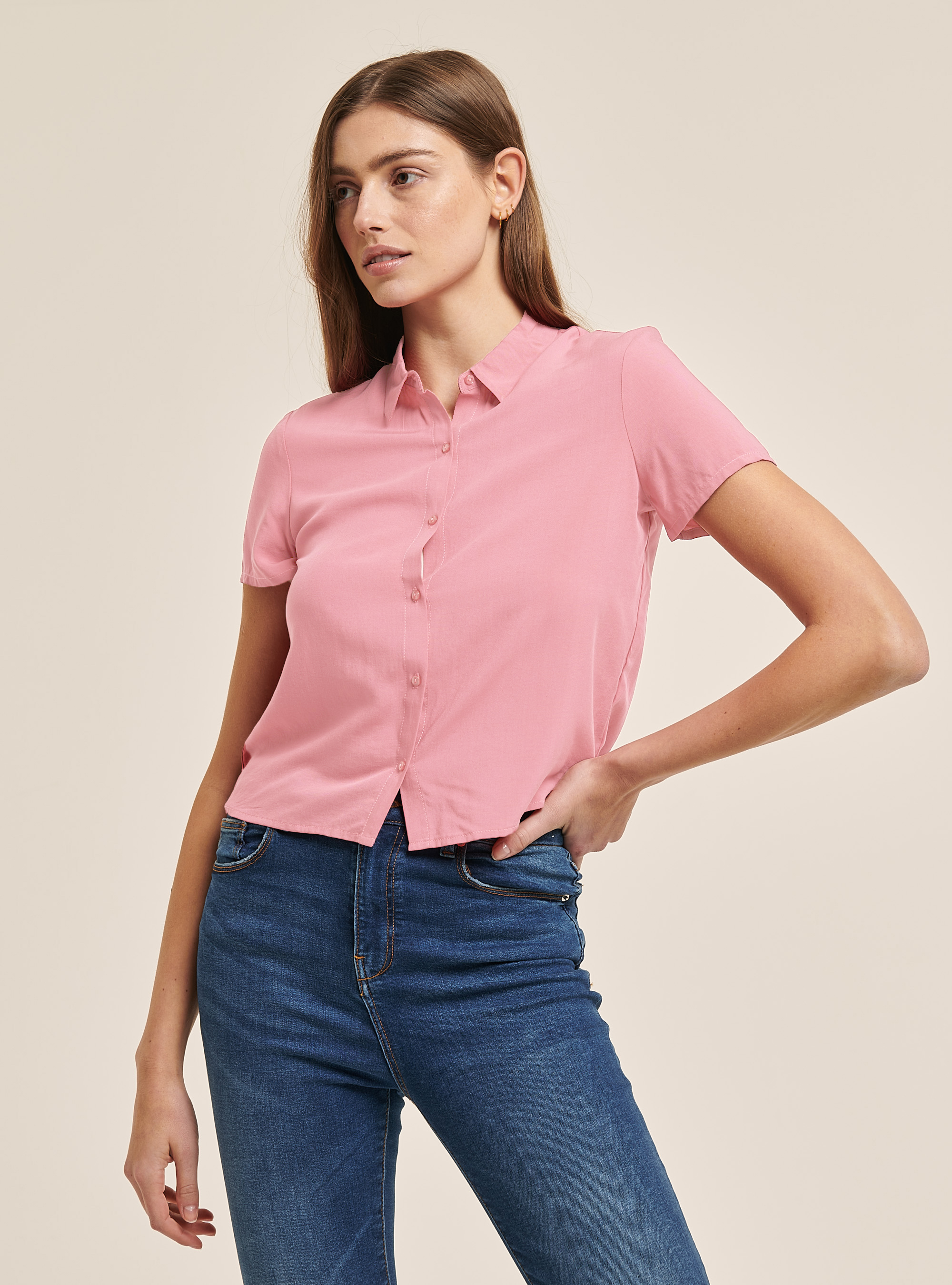 Cropped shirt with breast pocket, PK3 PINK LIGHT