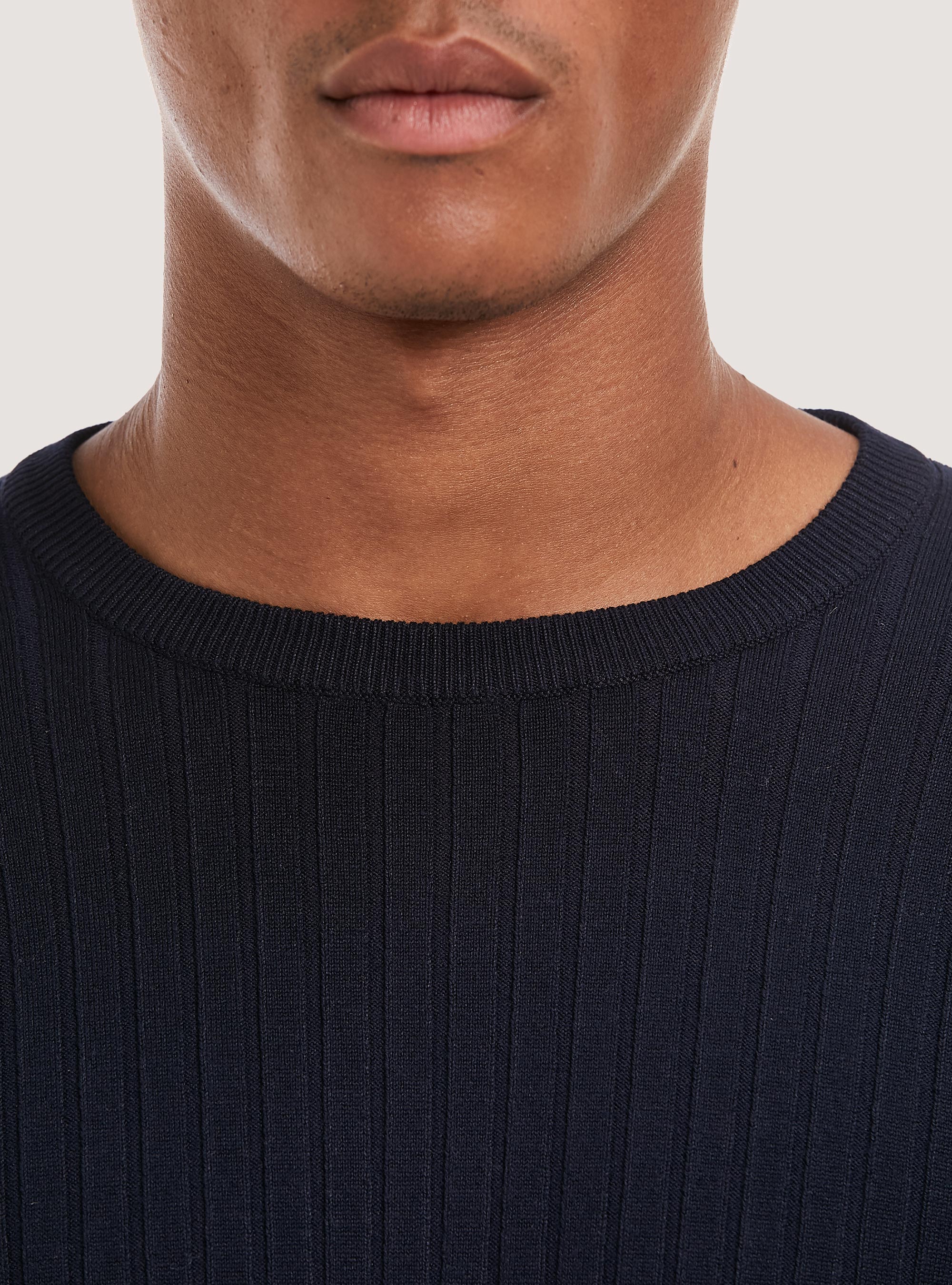 Jersey de cuello redondo de canalé en color sólido, NA1 NAVY DARK