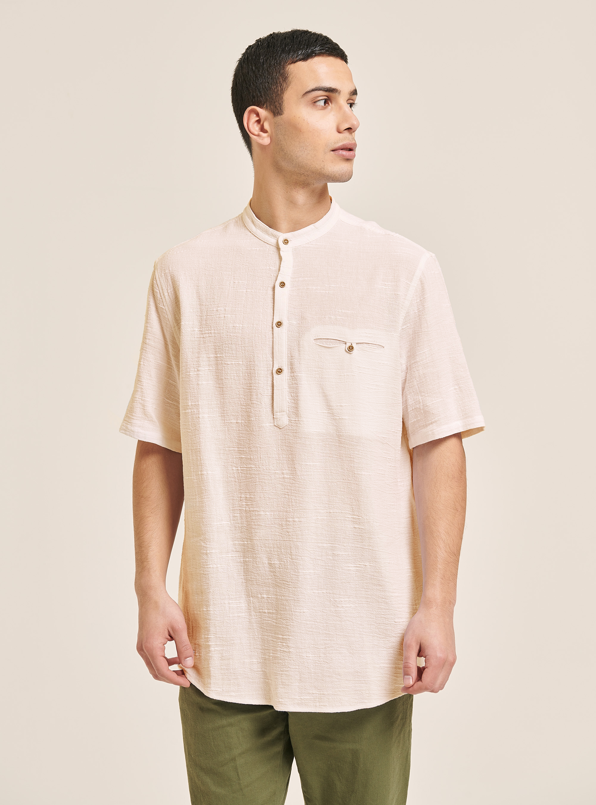 Linen blend shirt with Korean collar, BG3 BEIGE LIGHT