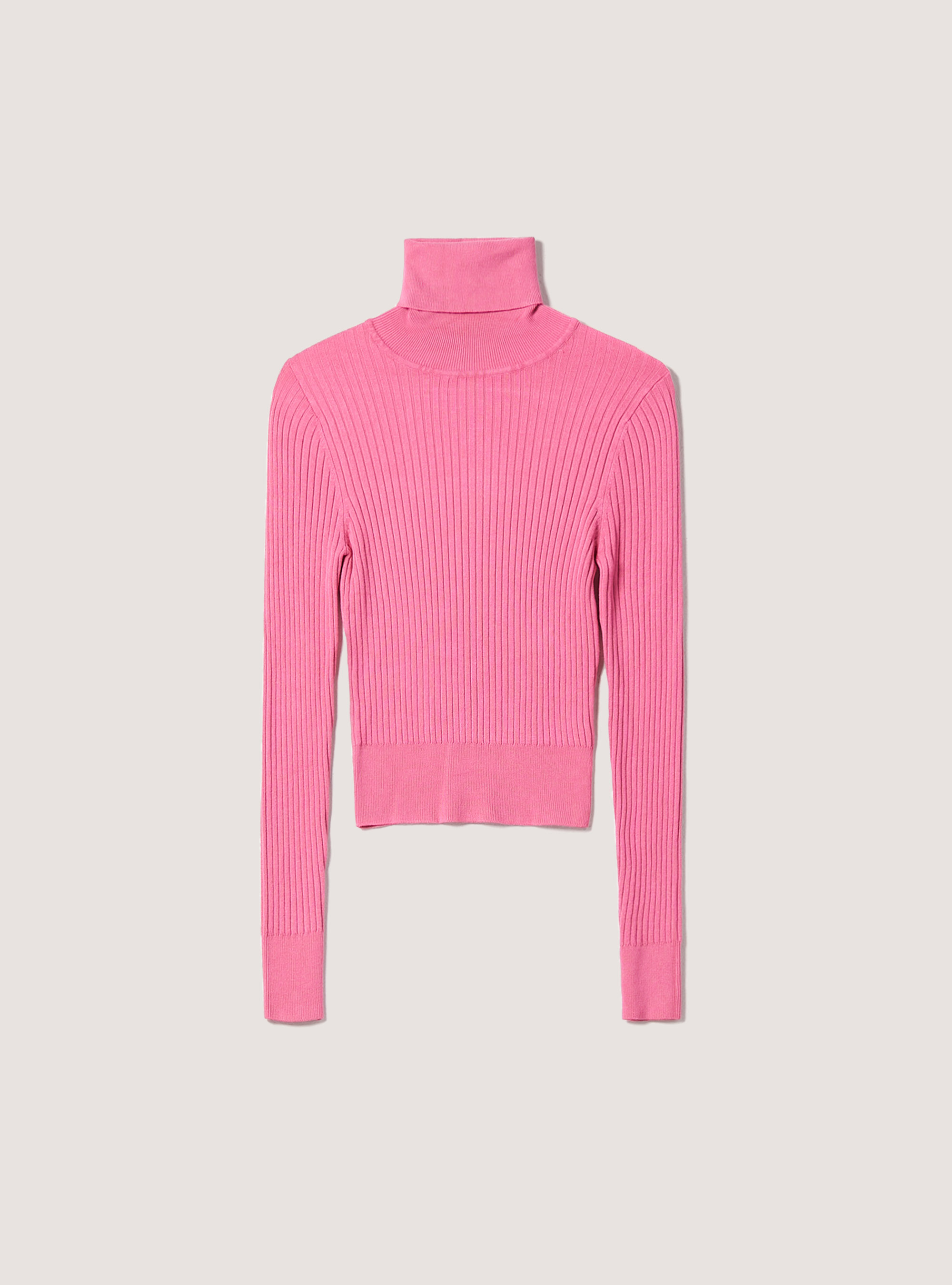 Pullover cropped a collo alto a coste, MPK1 PINK MEL DARK
