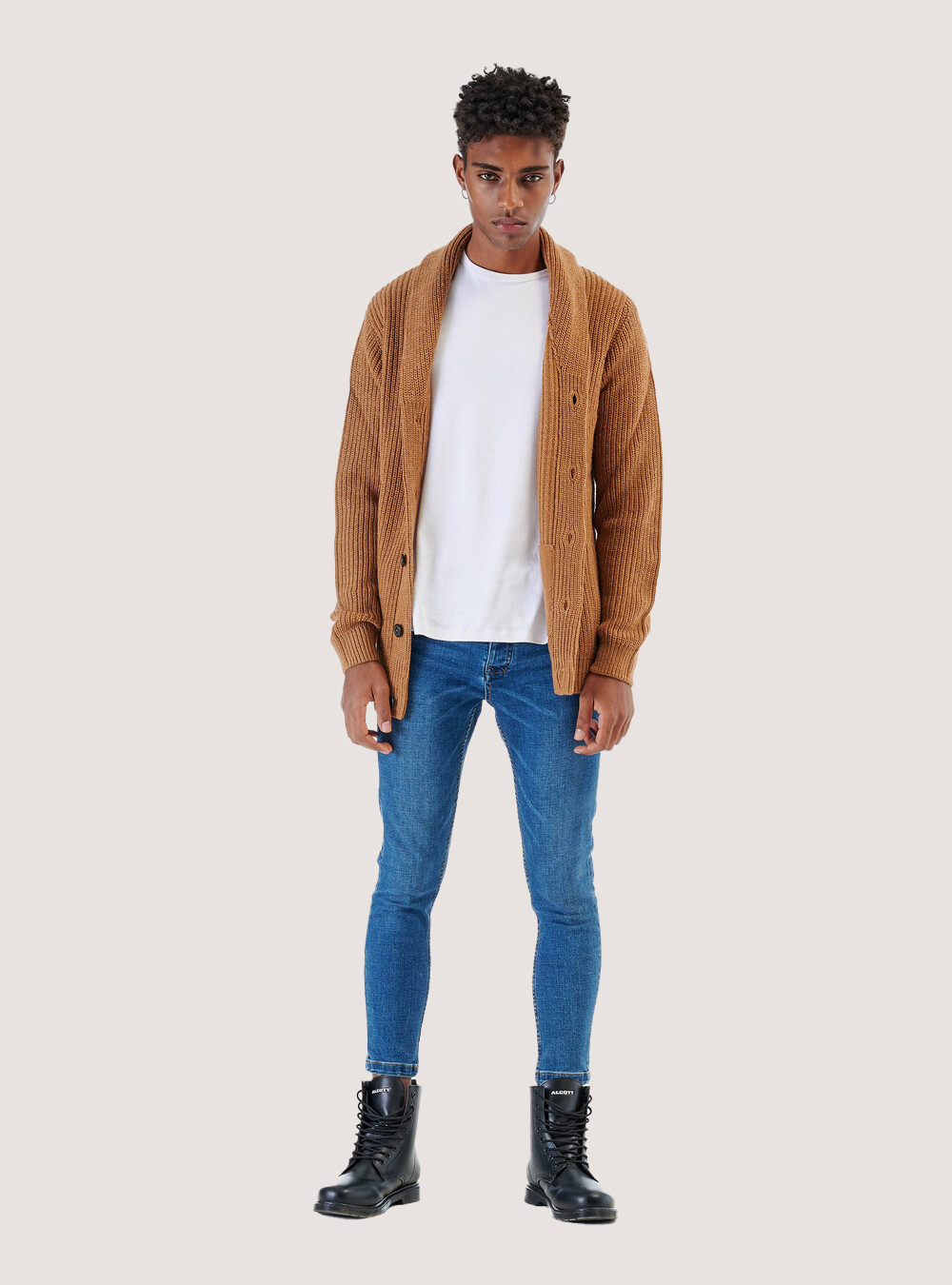 Pullover cardigan costa inglese misto lana, CAMELLO