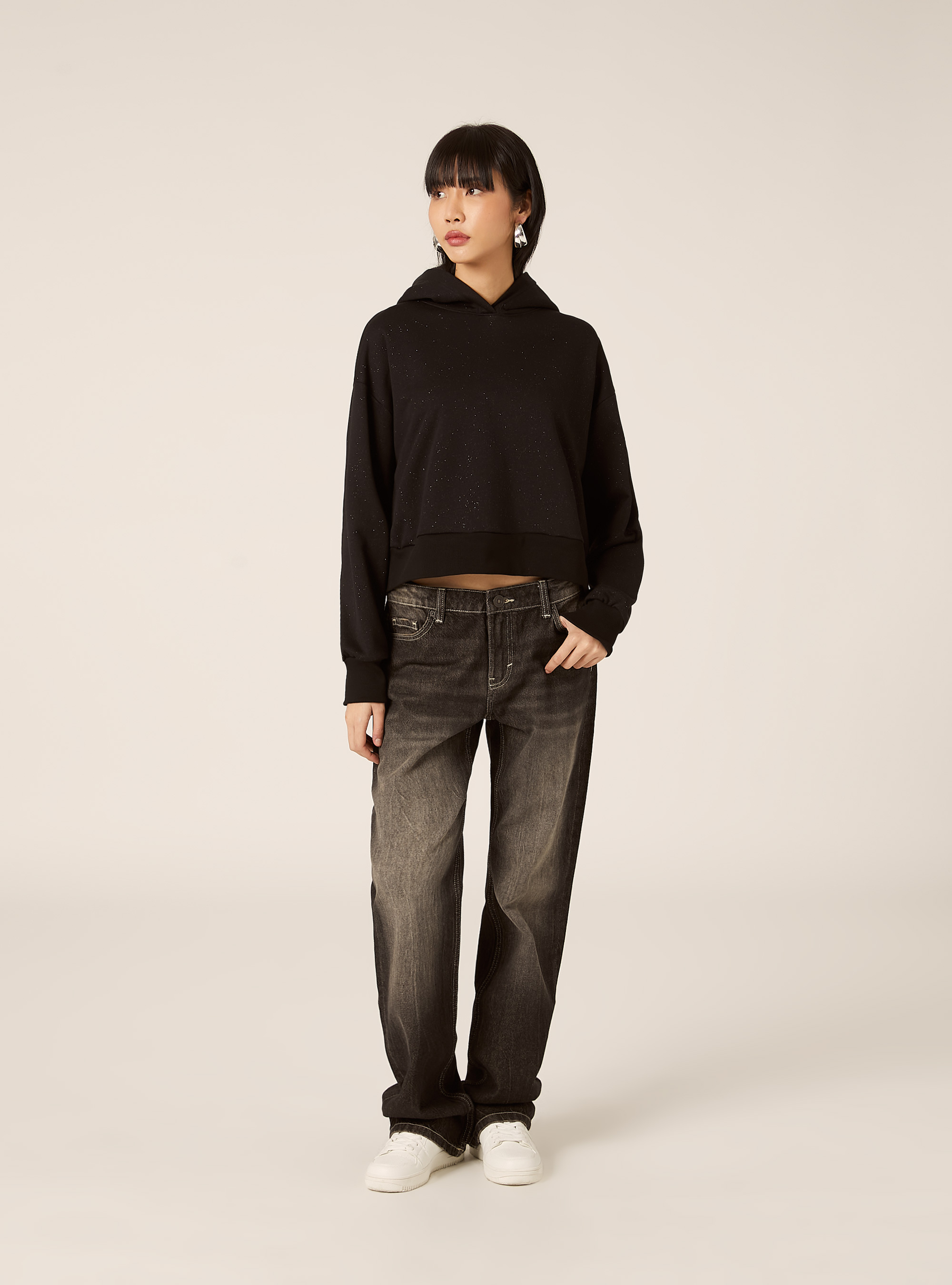 Felpa boxy con cappuccio con glitter, BK1 BLACK