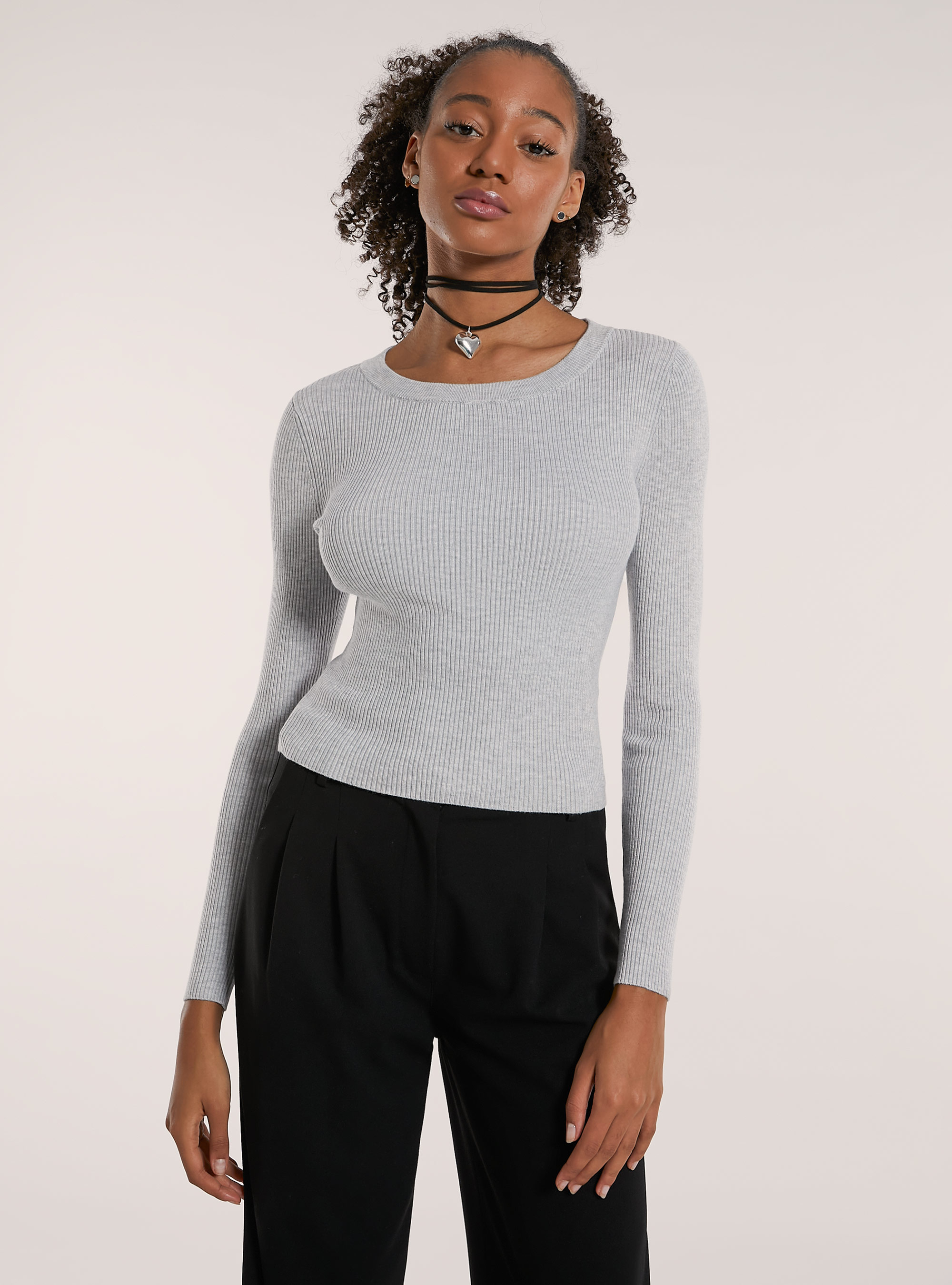 Maglia girocollo a coste, MGY2 GREY MEL MEDIUM