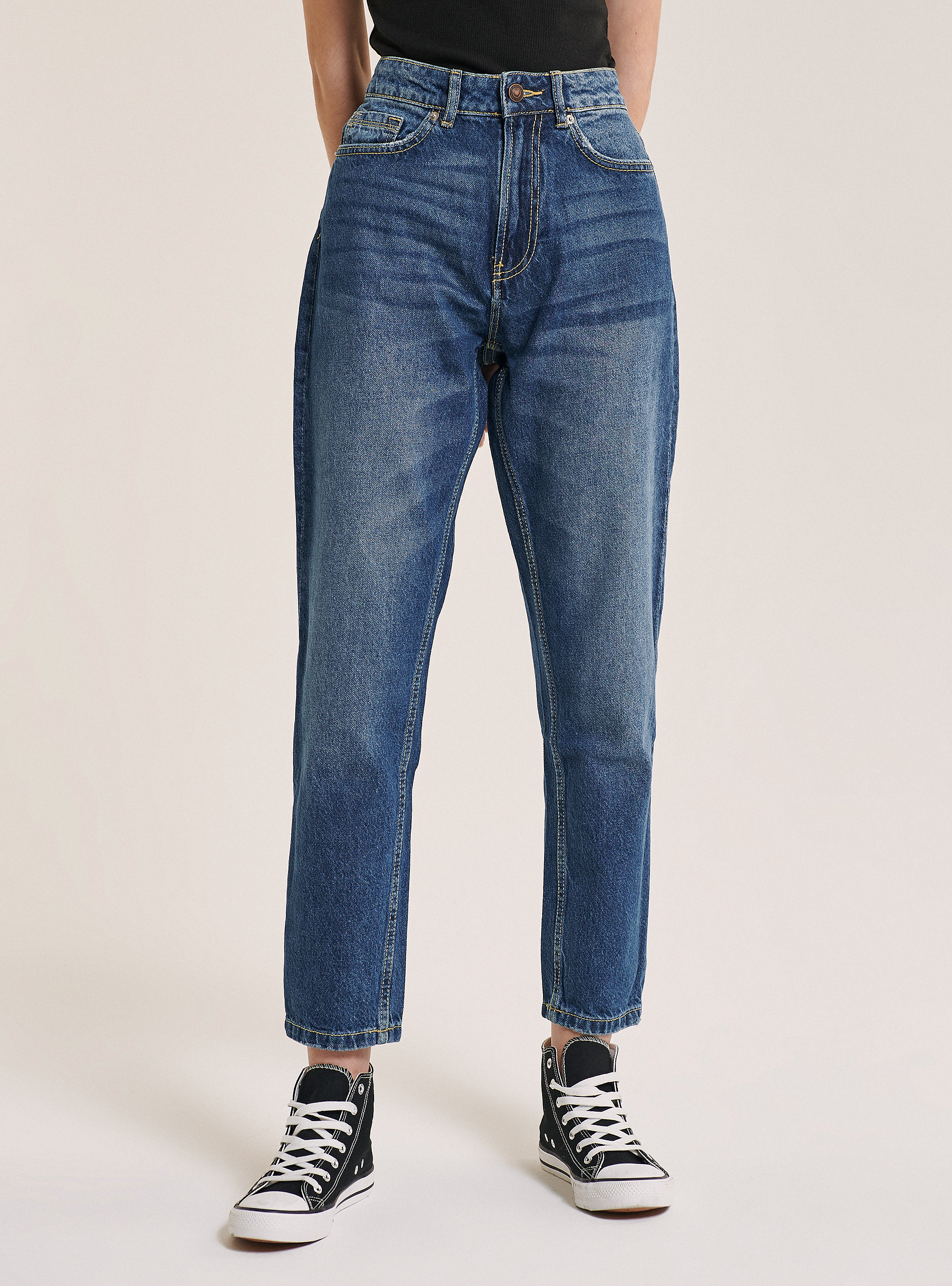 Jean cropped straight fit taille haute, C218 BLUE NAVY
