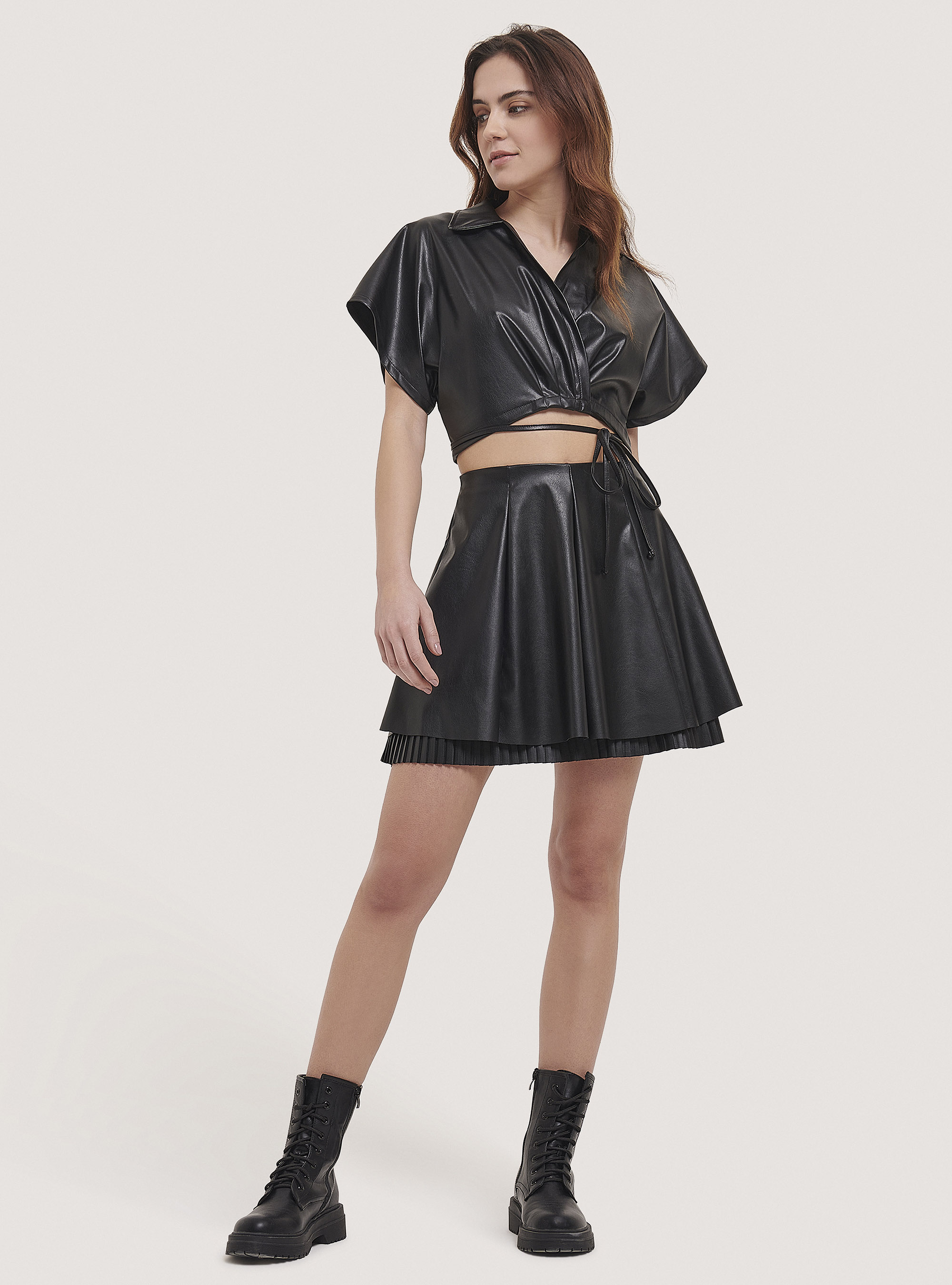 Faux leather lace up top, BLACK