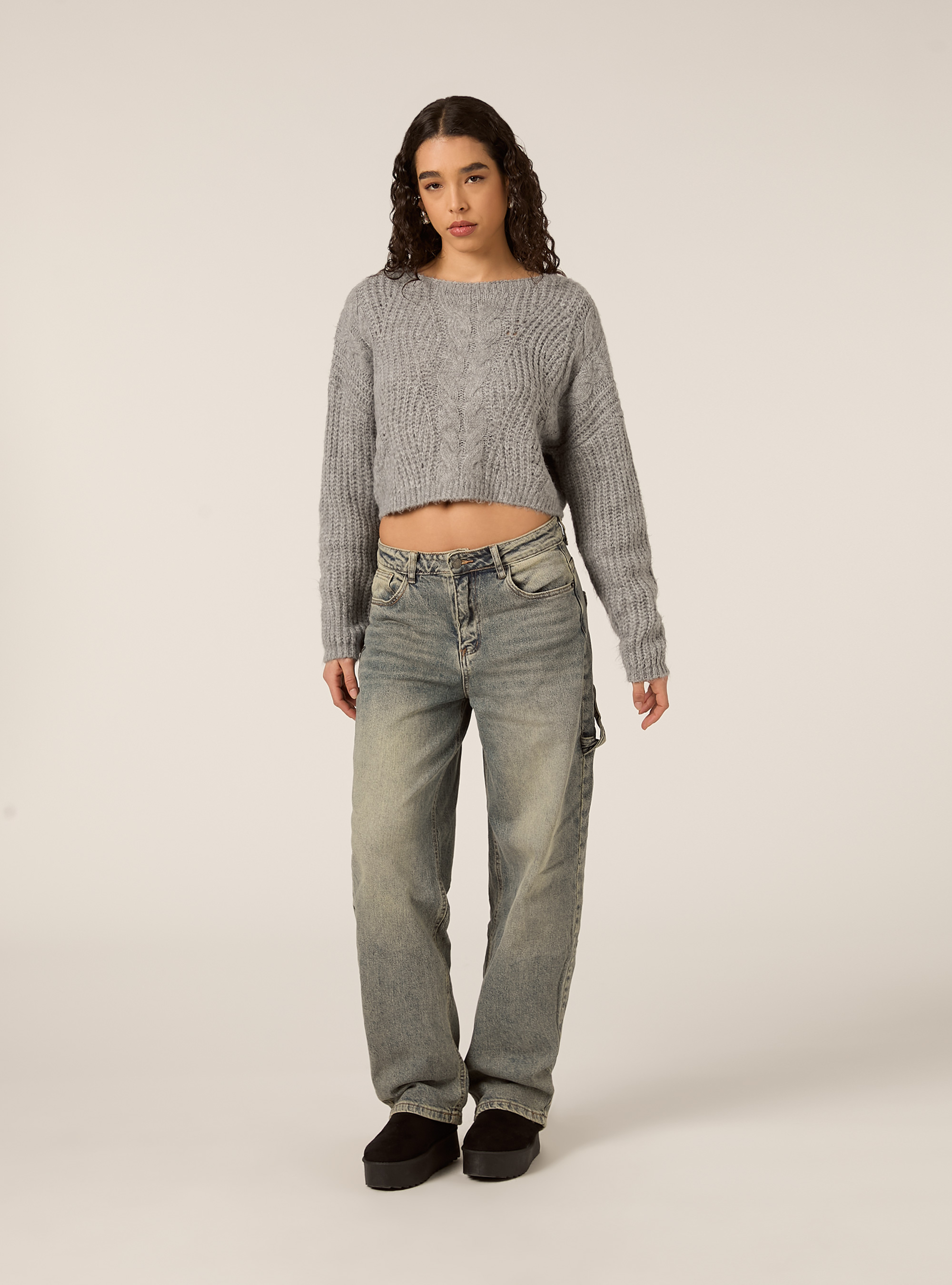 Maglia a trecce scollo a barca, MGY2 GREY MEL MEDIUM