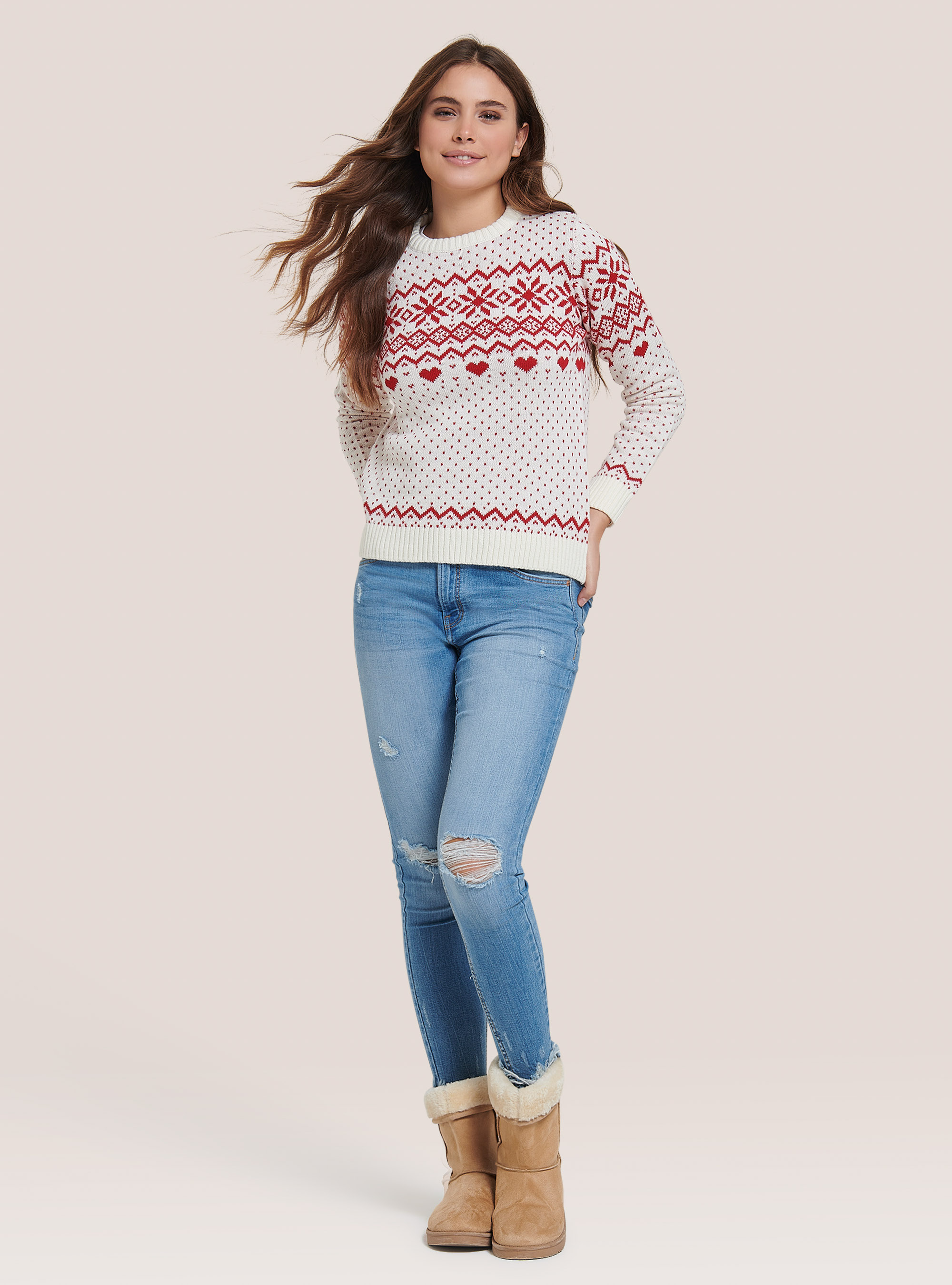 Christmas pullover with snowflakes and hearts, WHITE