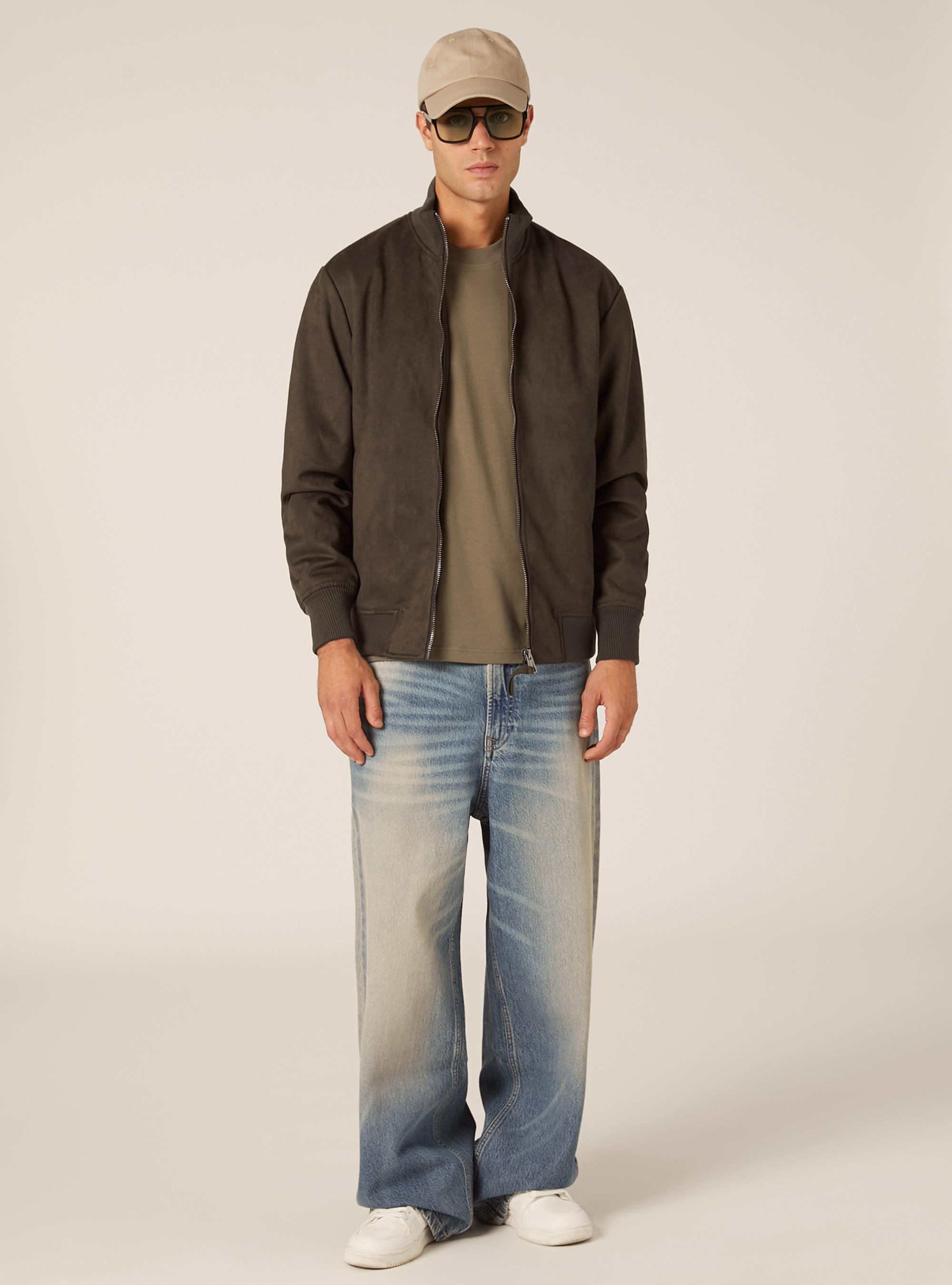 Suede-effect bomber jacket, GY1 GREY DARK