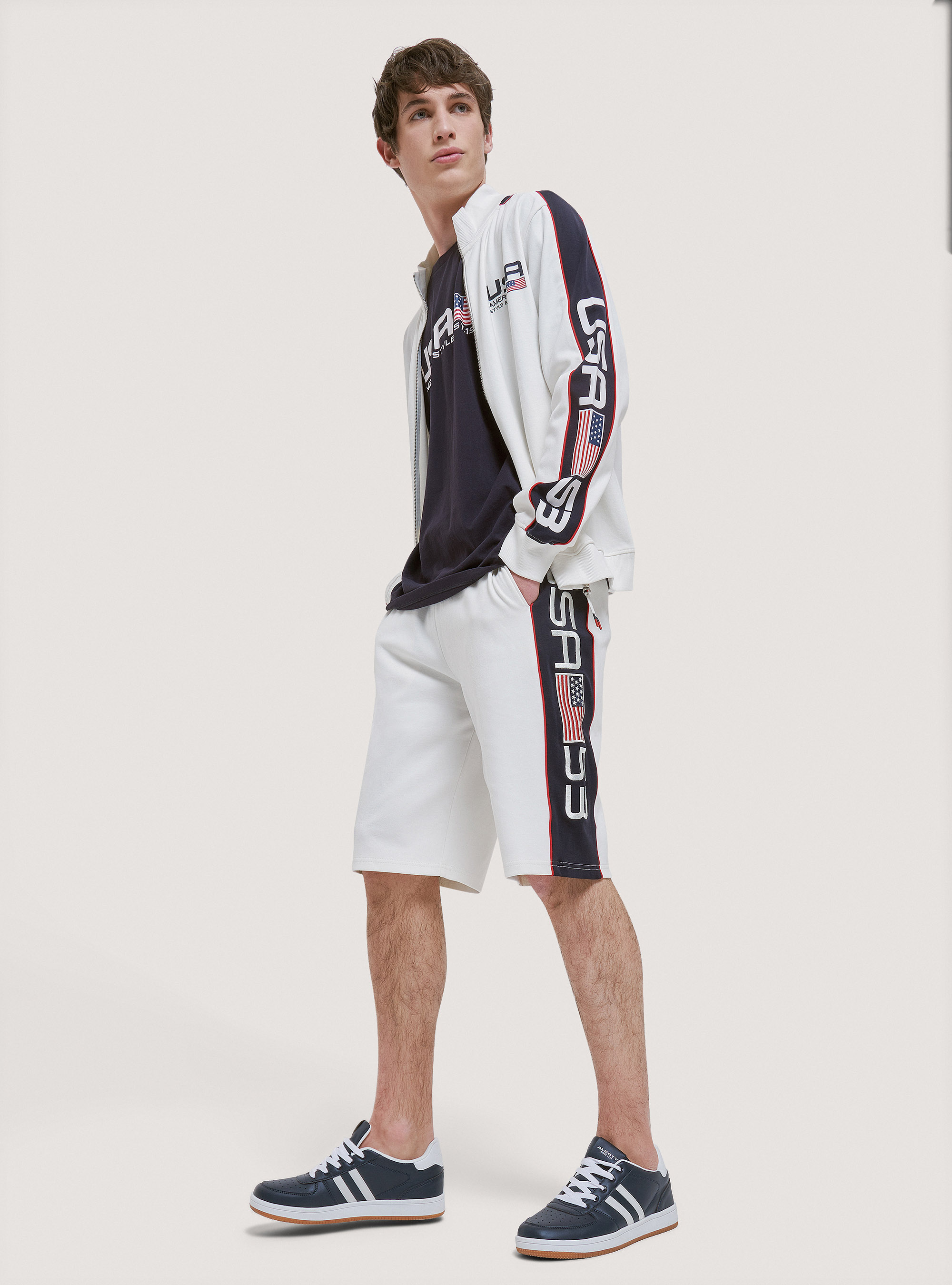 Sudadera con cremallera y estampado de algodón USA, C0020 OFF WHITE