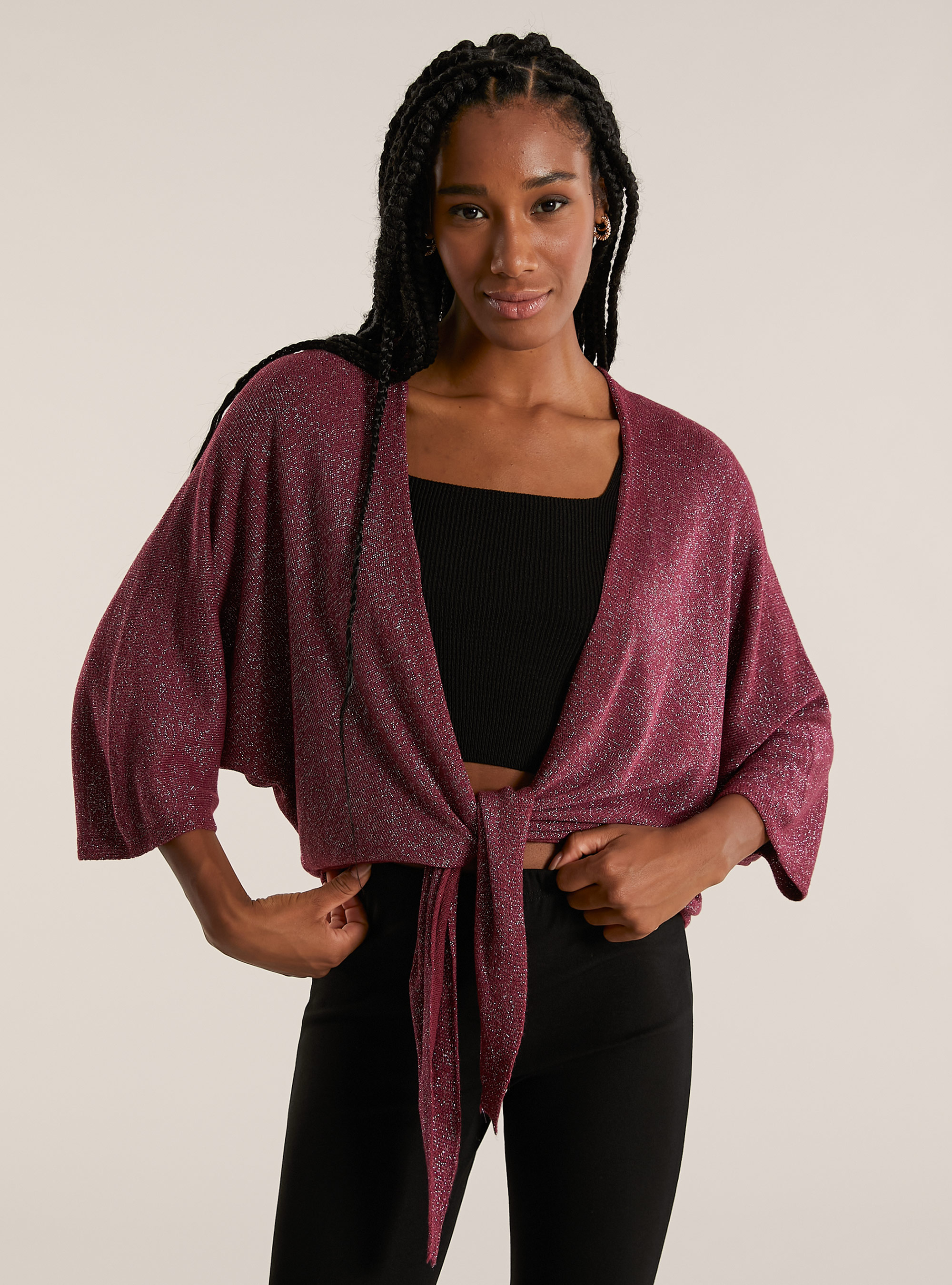 Cardigan lurex aperto con nodo, BO1 BORDEAUX DARK
