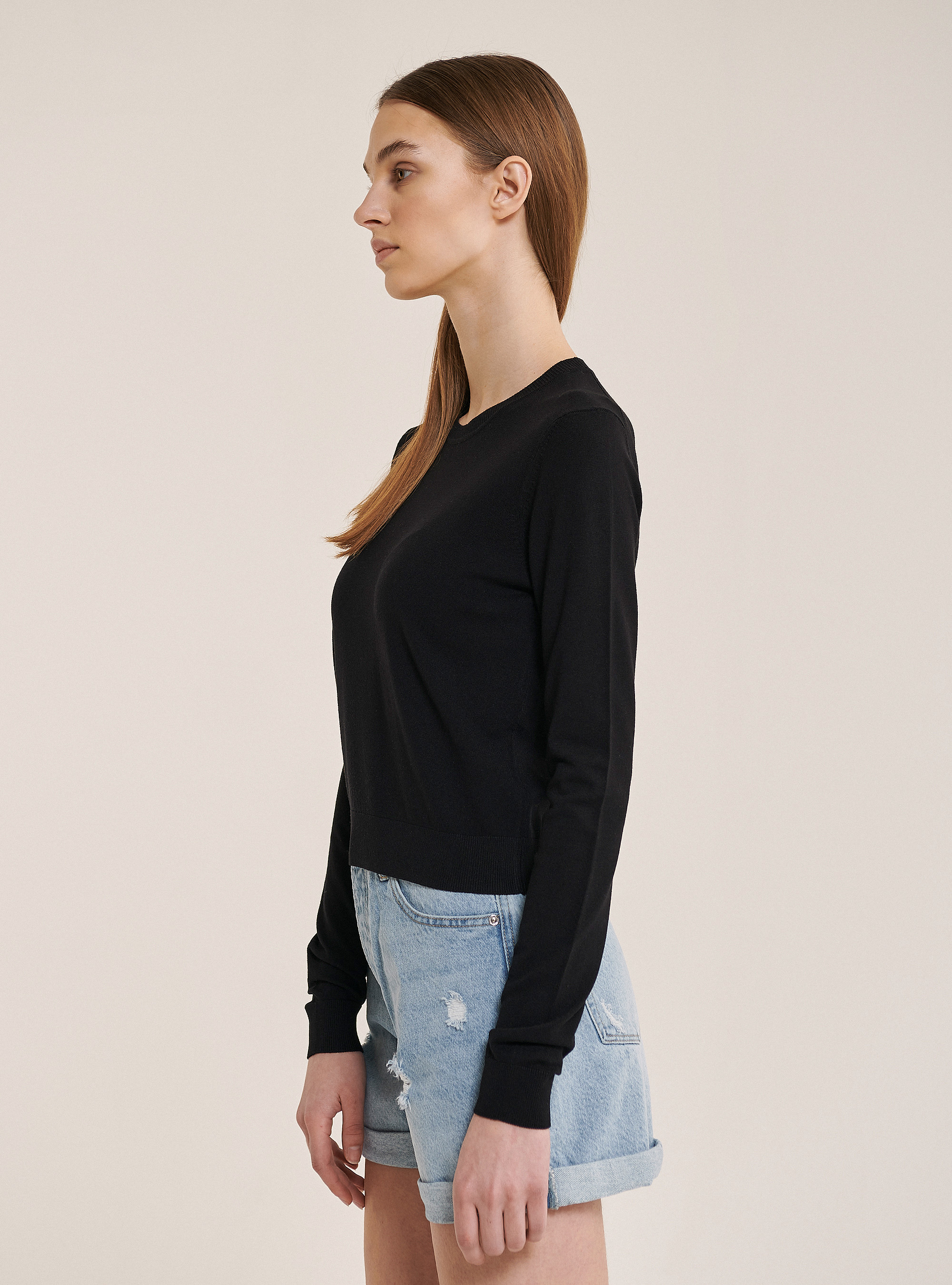 Cropped crew neck pullover, BLACK
