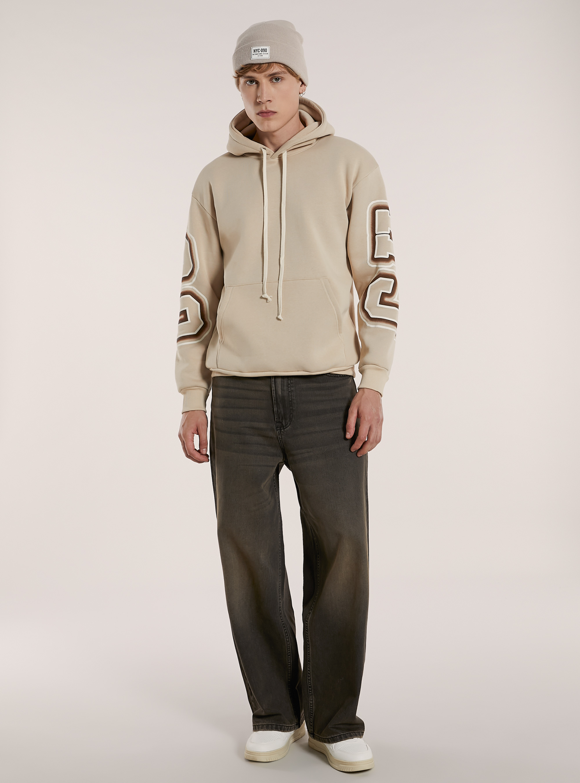 Felpa con cappuccio e stampa chicago, BG3 BEIGE LIGHT