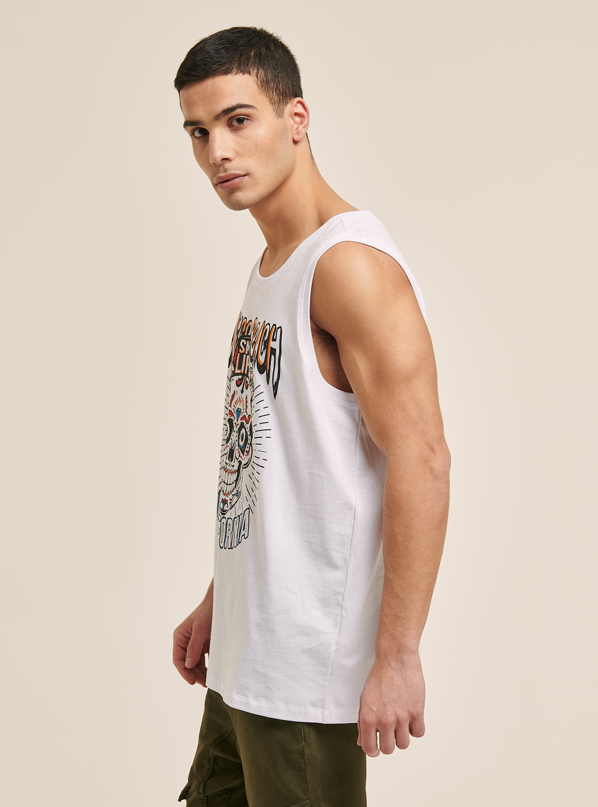 Débardeur en coton imprimé tête de mort, C099 WHITE