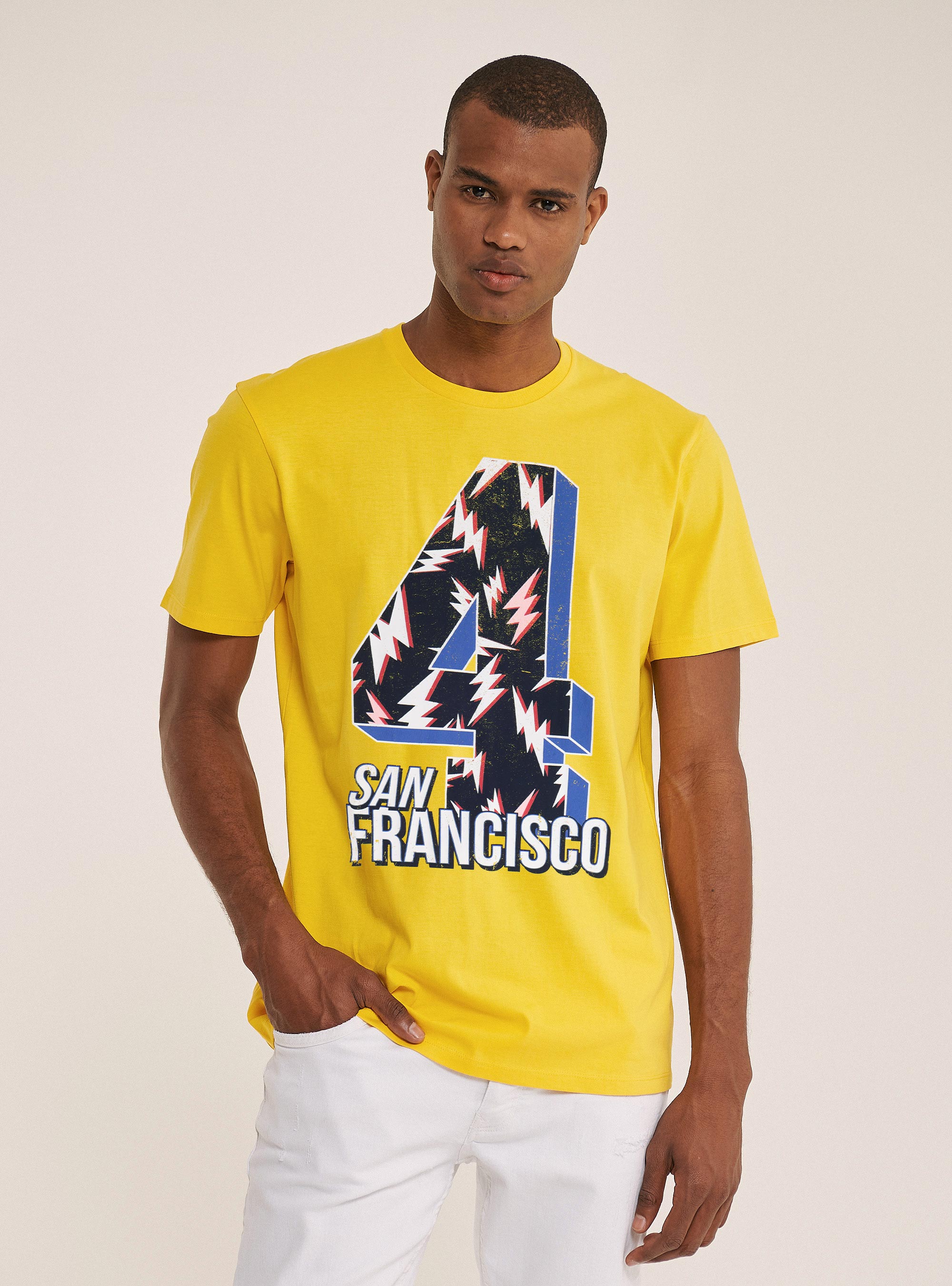 Camiseta de algod&oacute;n con estampado frontal, C7750 YELLOW